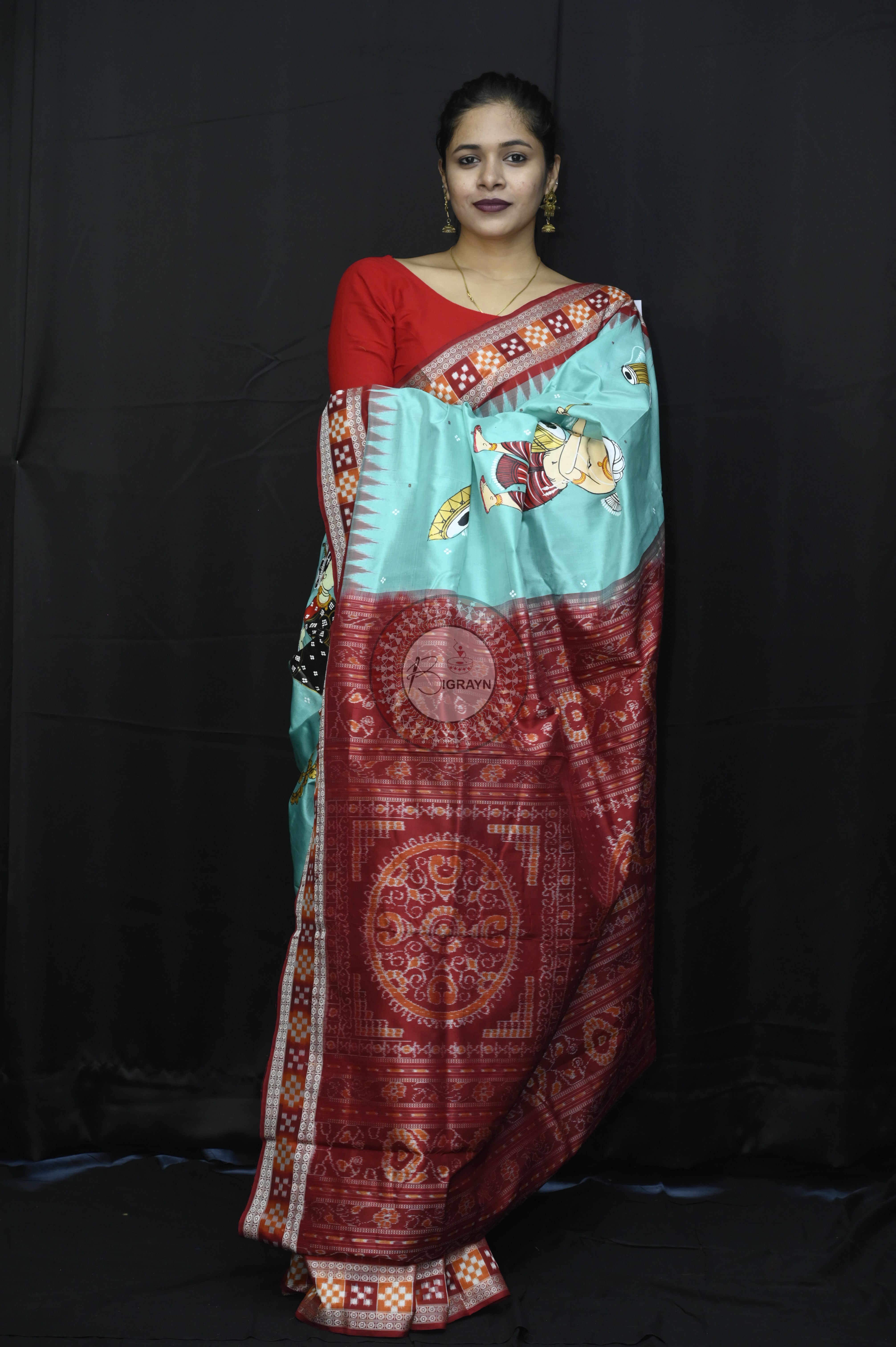 Sky Maroon Full Body Dancer Theme Pattachitra Sambalpuri Sakta Border Silk Saree