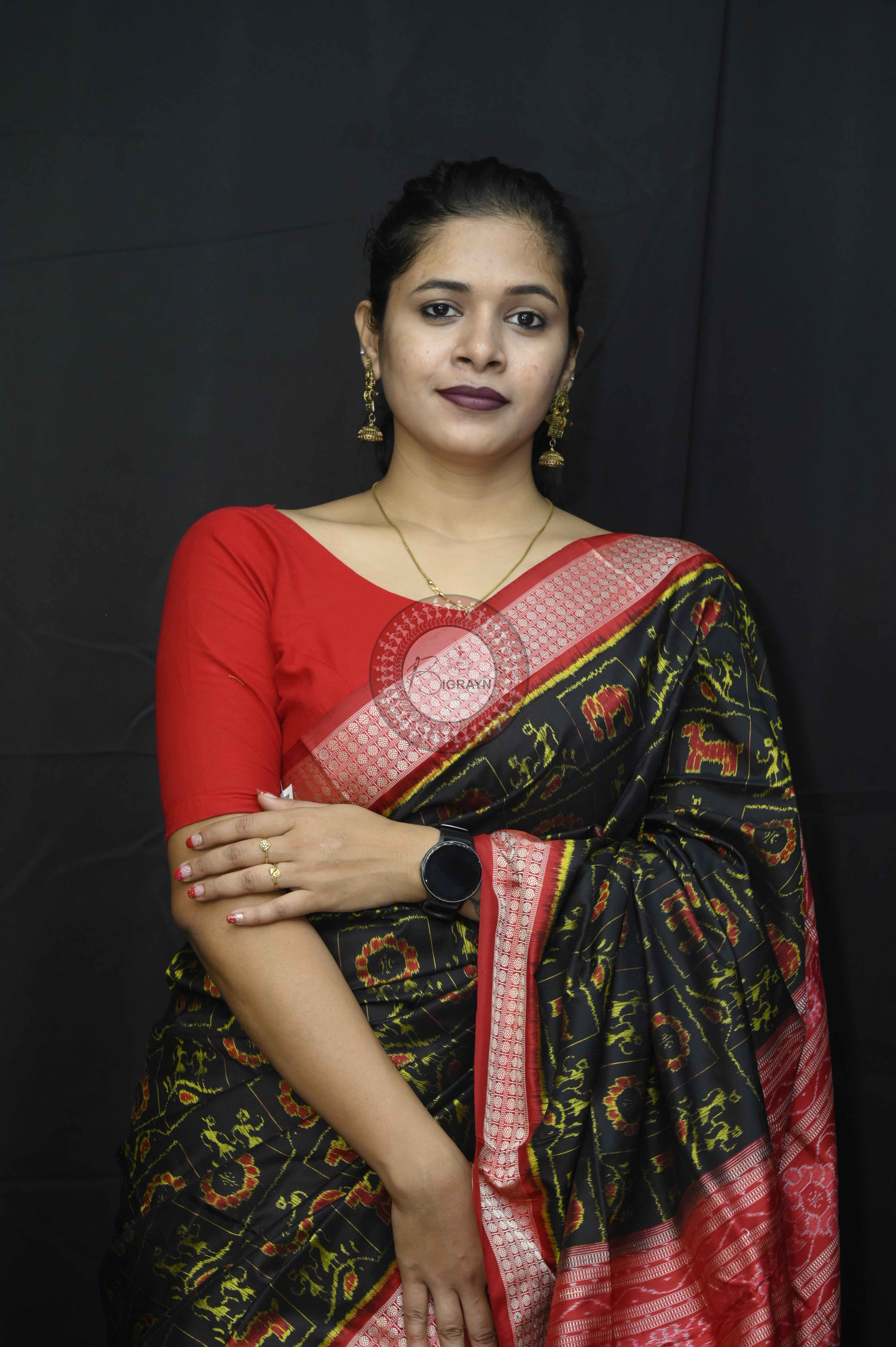 Black Red Tribal And Animal Sambalpuri Silk Saree