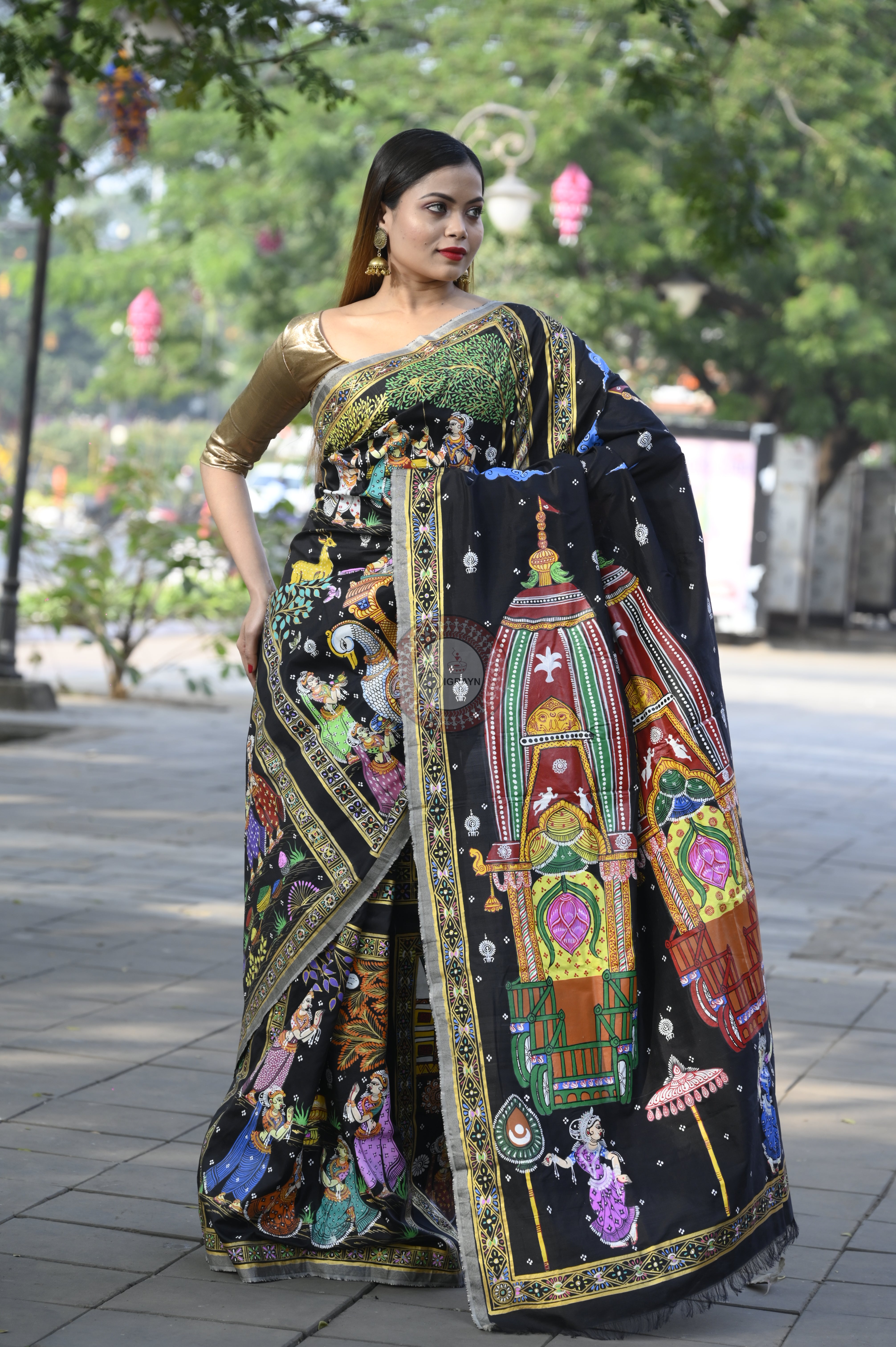 Black All Fastival Theme Pattachitra Sambalpuri Silk Saree