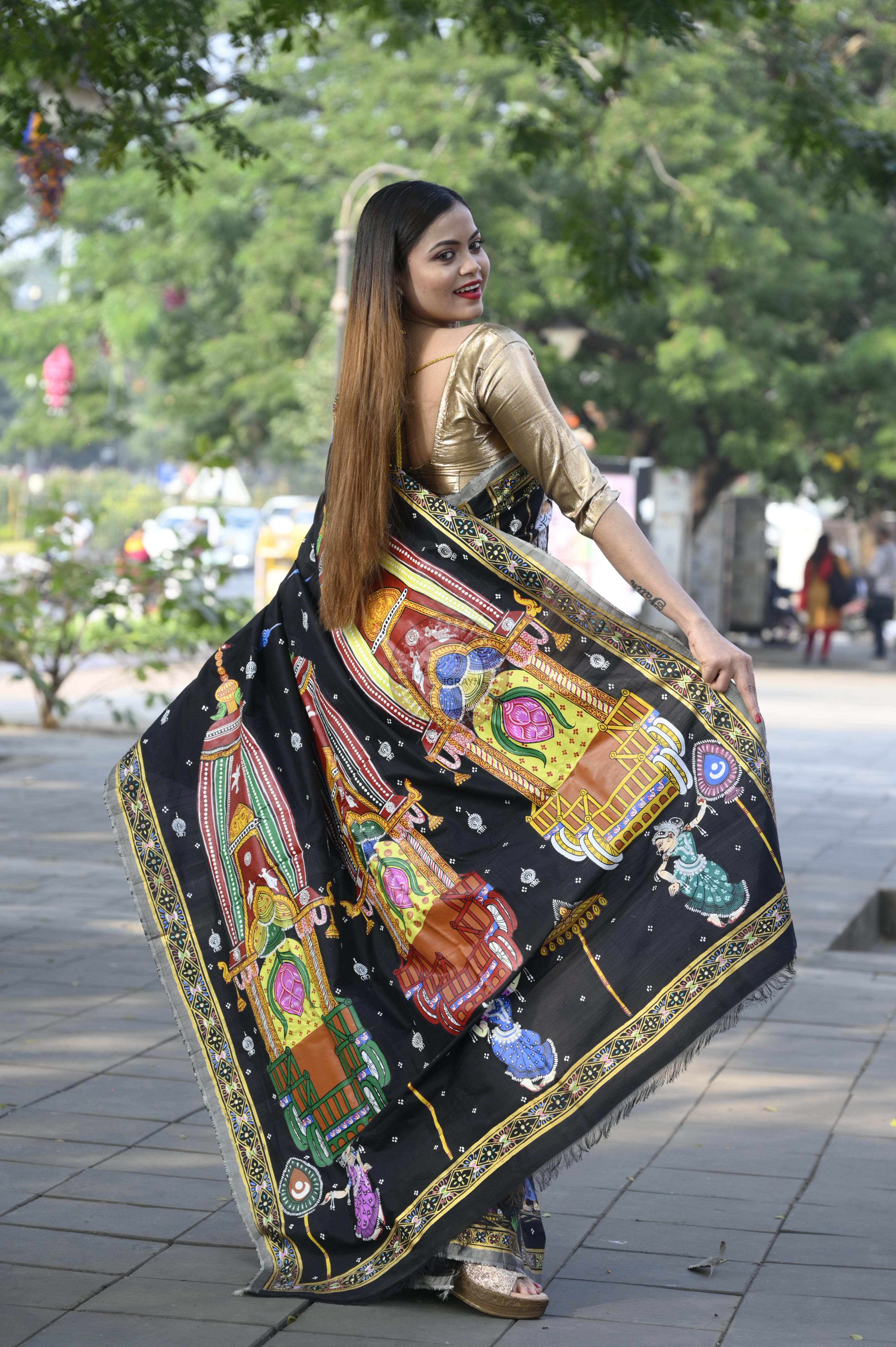 Black All Fastival Theme Pattachitra Sambalpuri Silk Saree