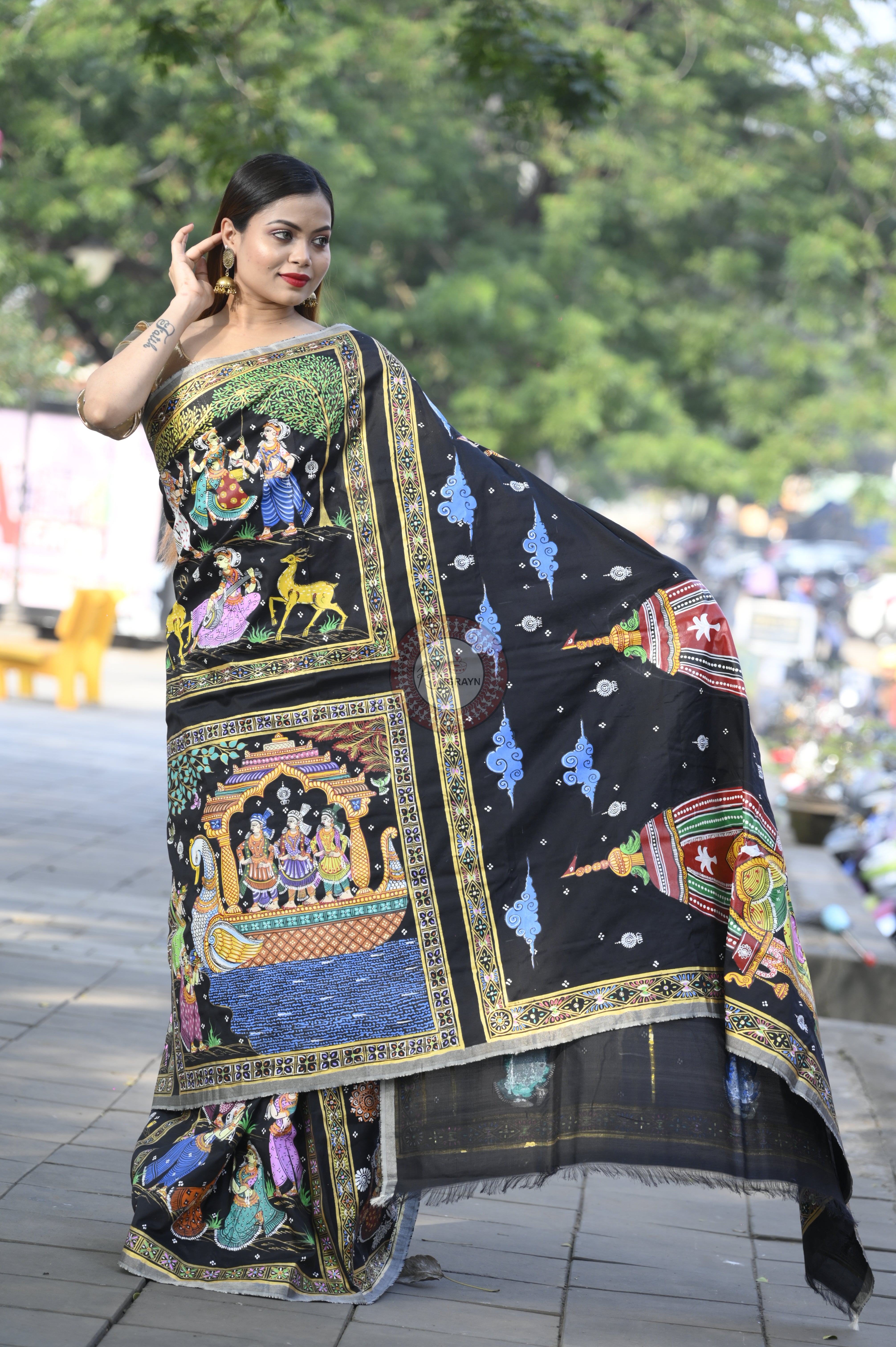 Black All Fastival Theme Pattachitra Sambalpuri Silk Saree