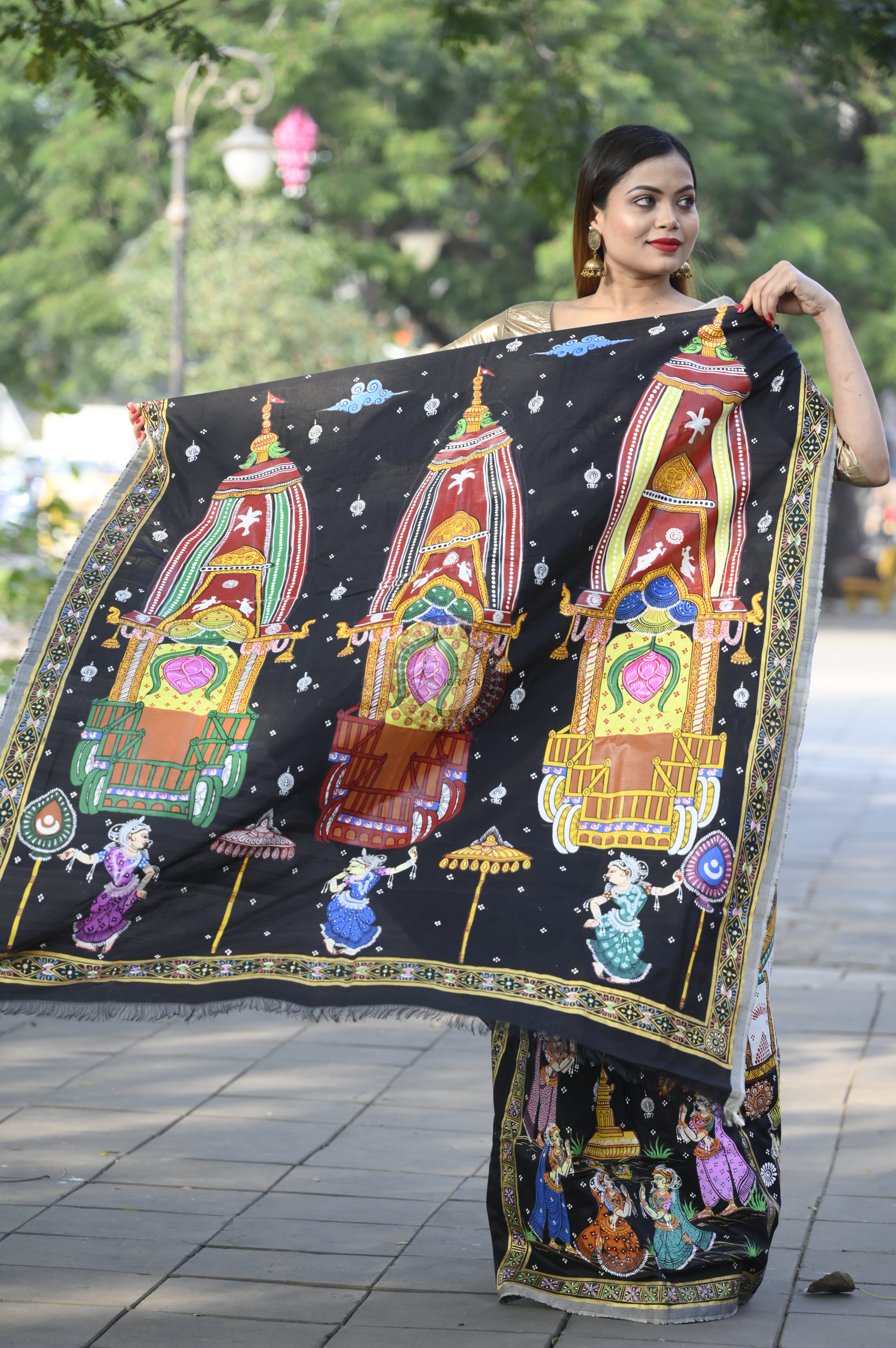 Black All Fastival Theme Pattachitra Sambalpuri Silk Saree