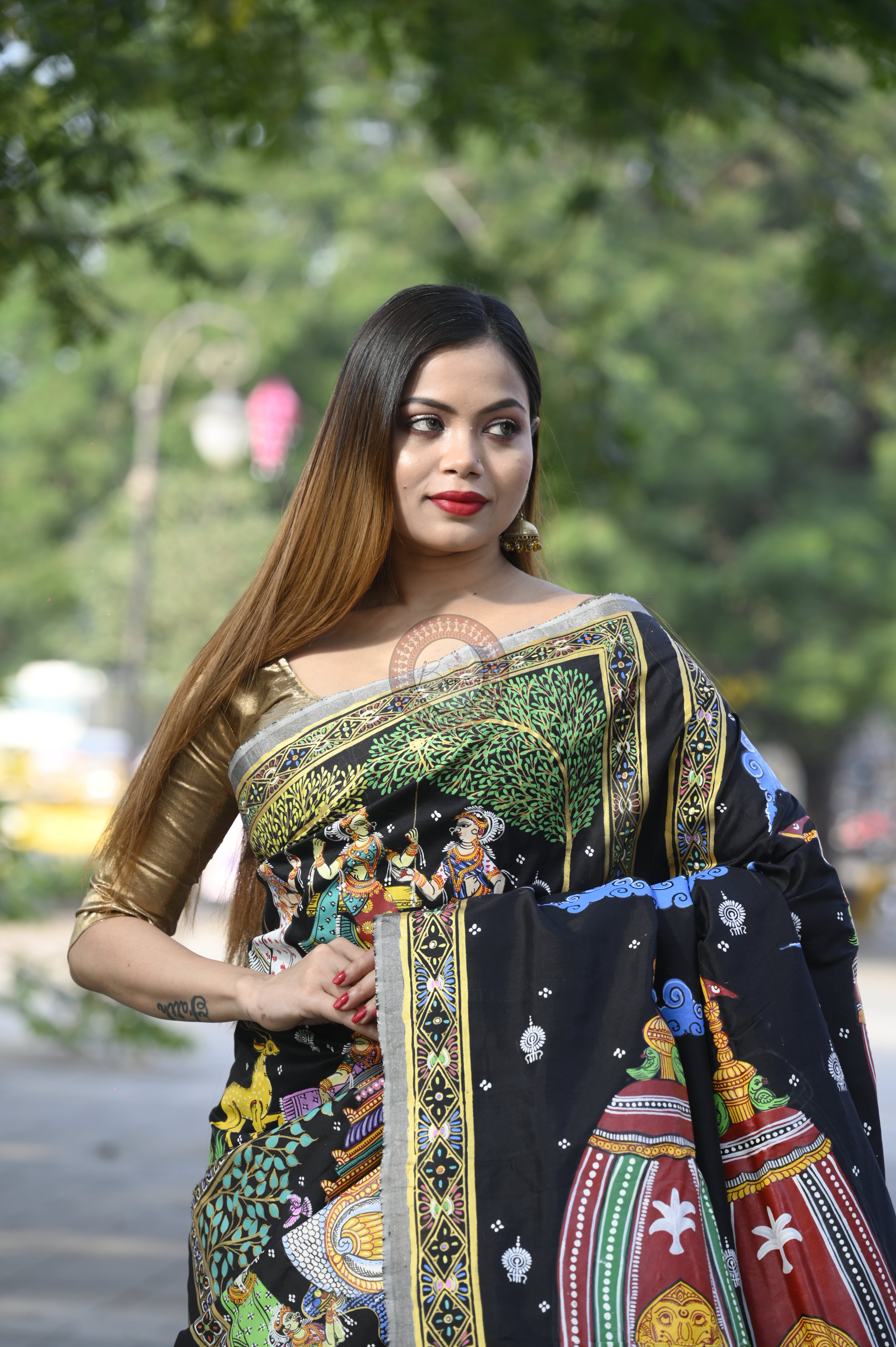 Black All Fastival Theme Pattachitra Sambalpuri Silk Saree
