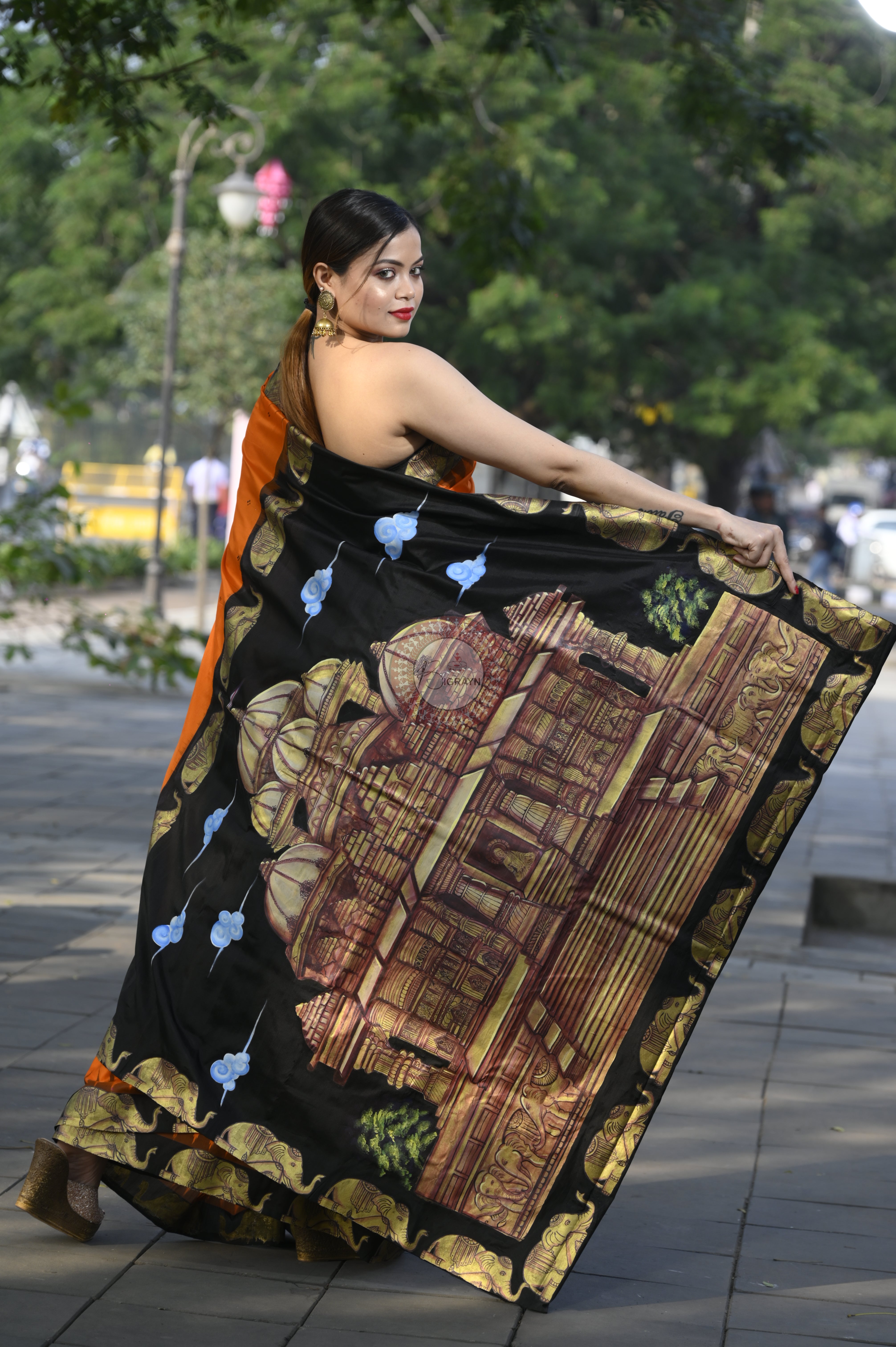 Orange Black Akshardham Temple Theme Pattachitra Sambalpuri Silk Saree