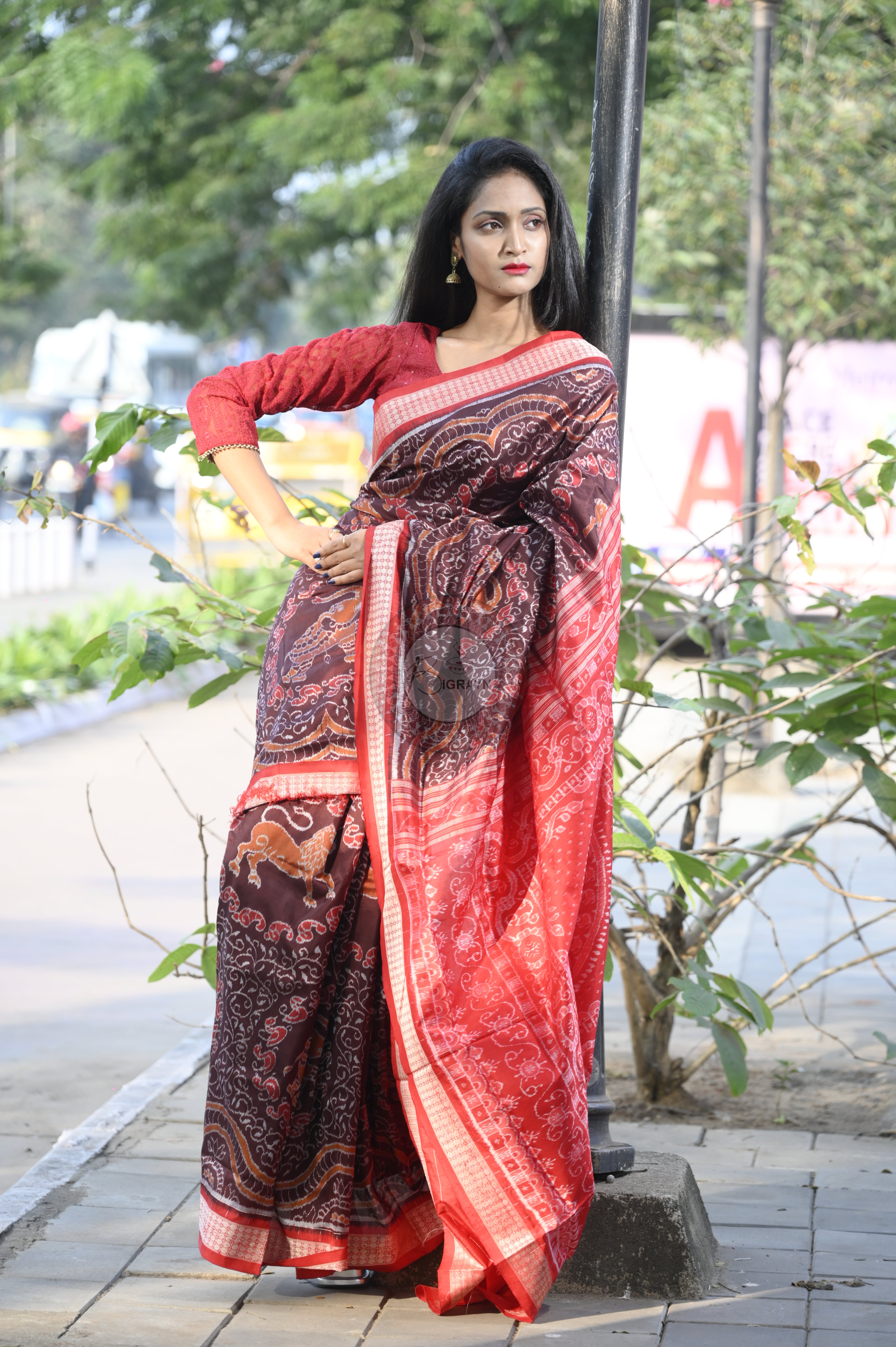 Coffee Red Animal Sambalpuri Silk Saree
