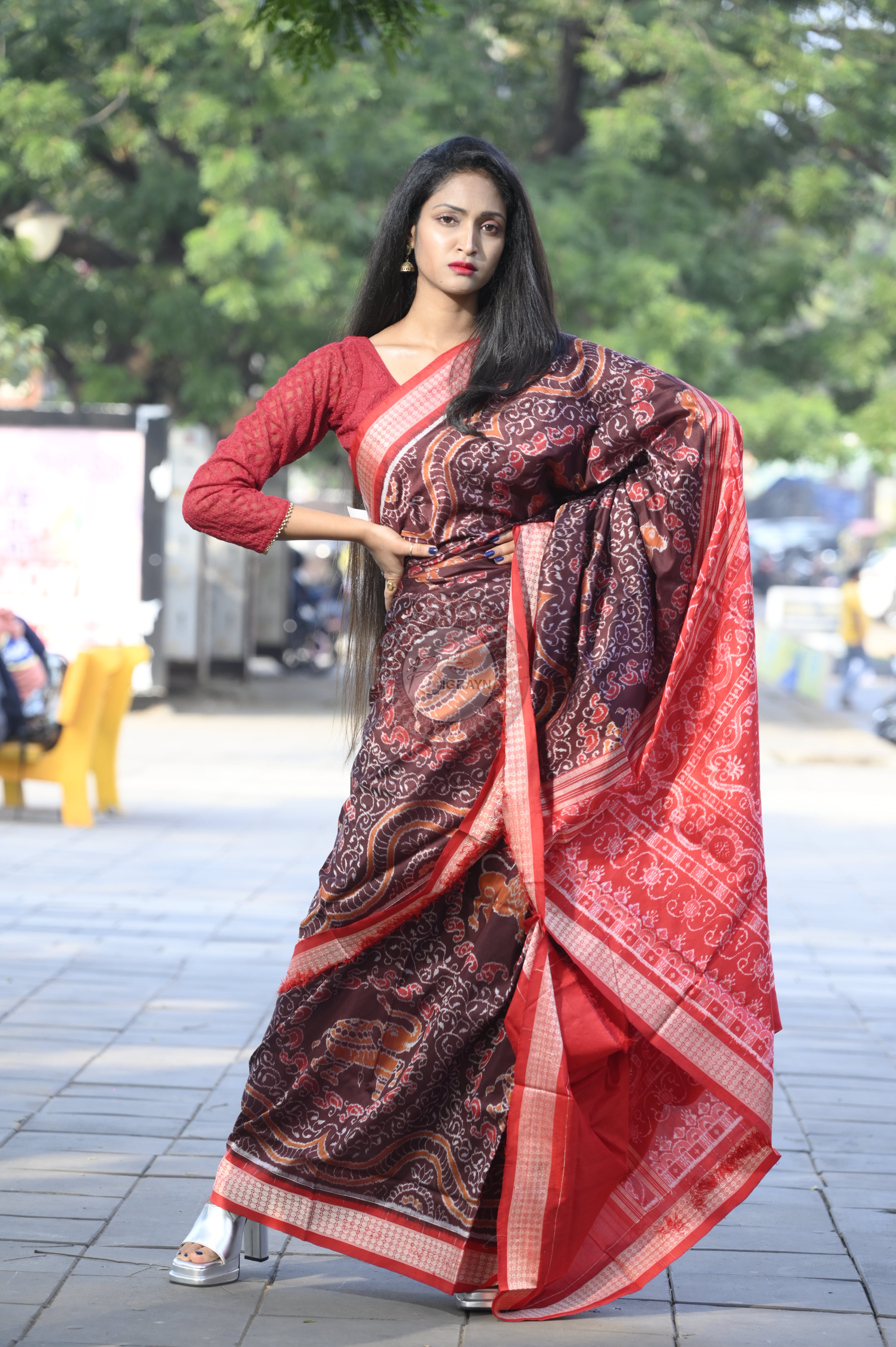Coffee Red Animal Sambalpuri Silk Saree