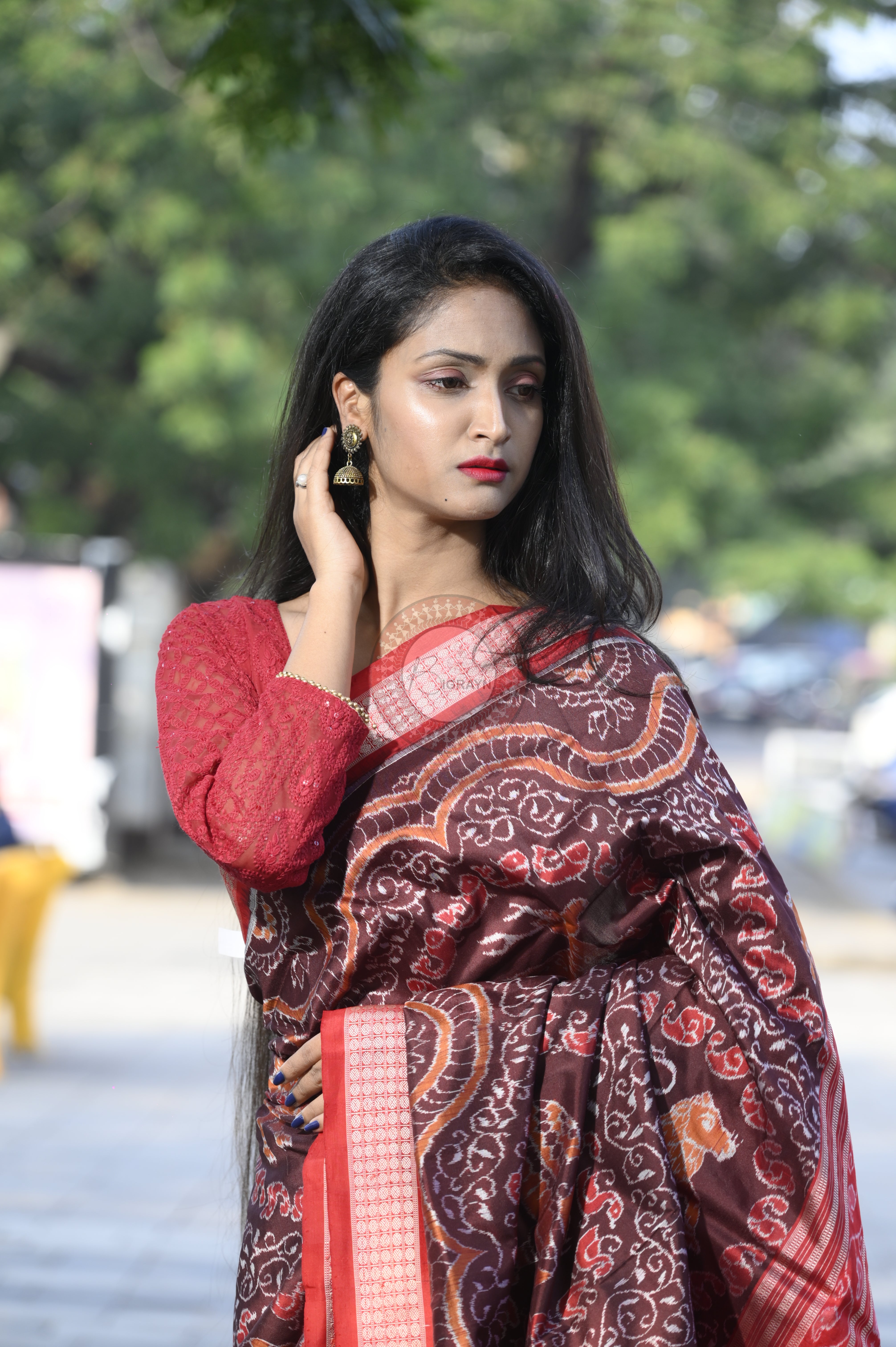 Coffee Red Animal Sambalpuri Silk Saree
