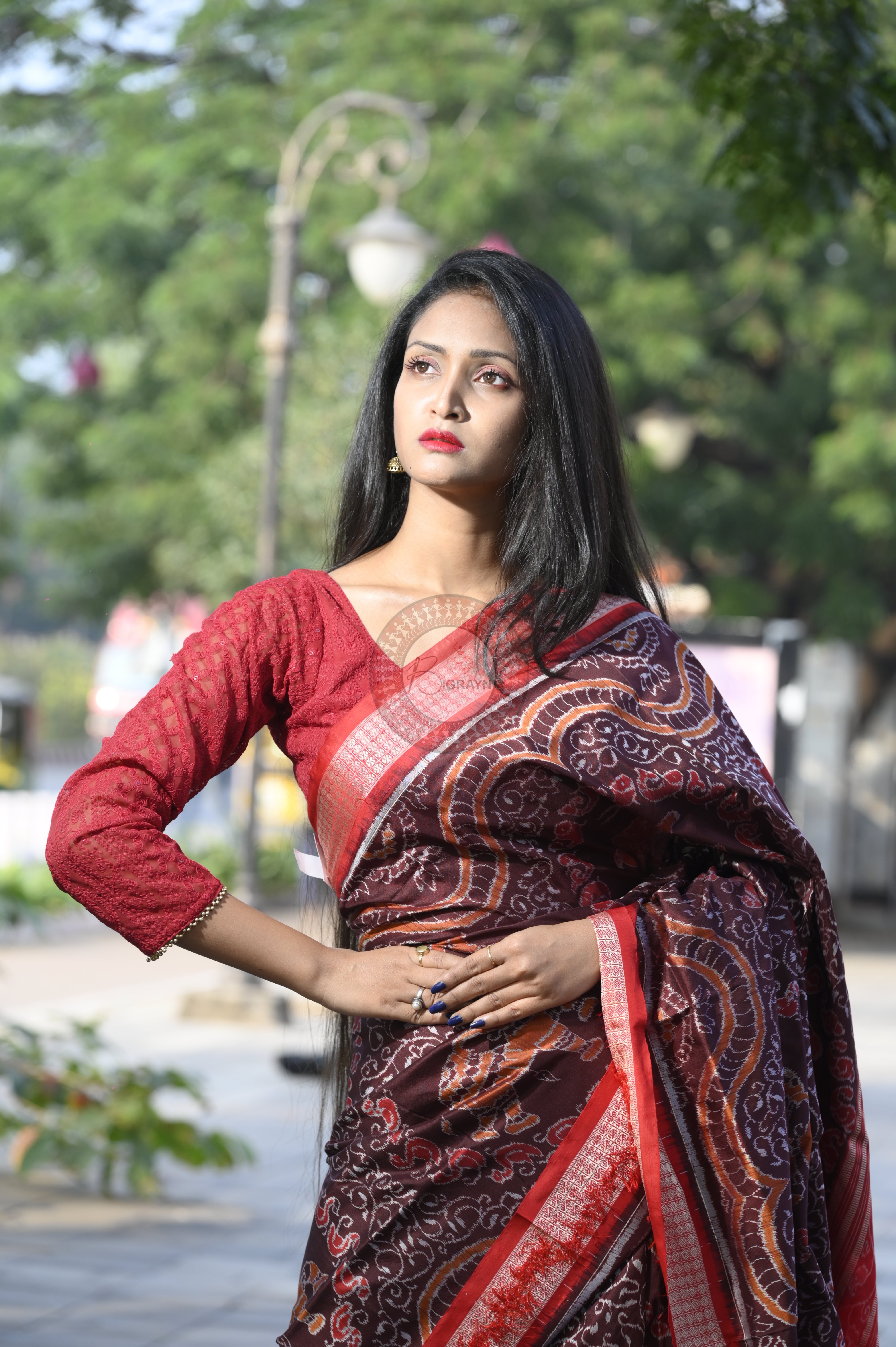 Coffee Red Animal Sambalpuri Silk Saree