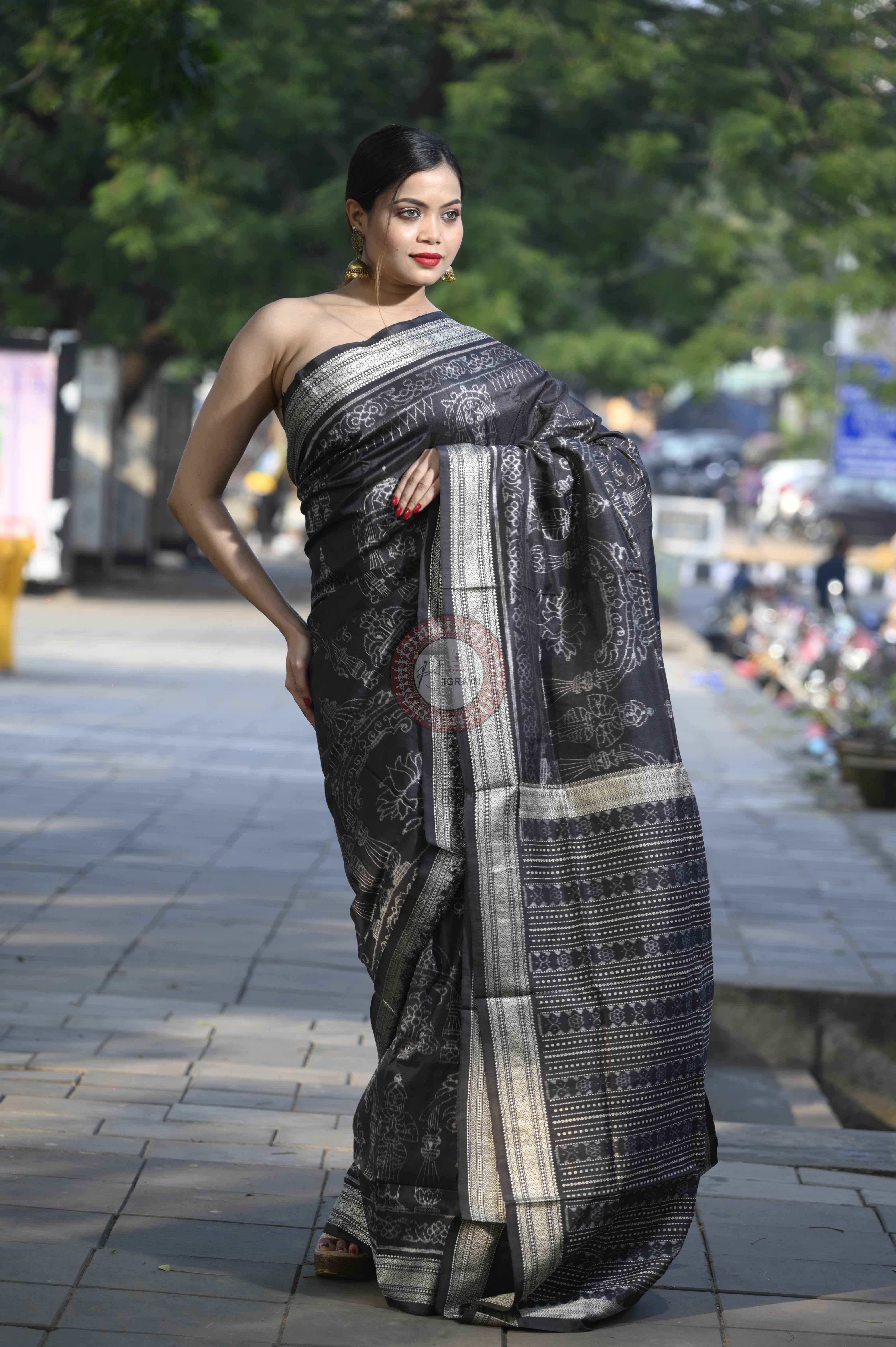 Black Tulasi Vrindavan Natural Dye Sambalpuri Silk Saree