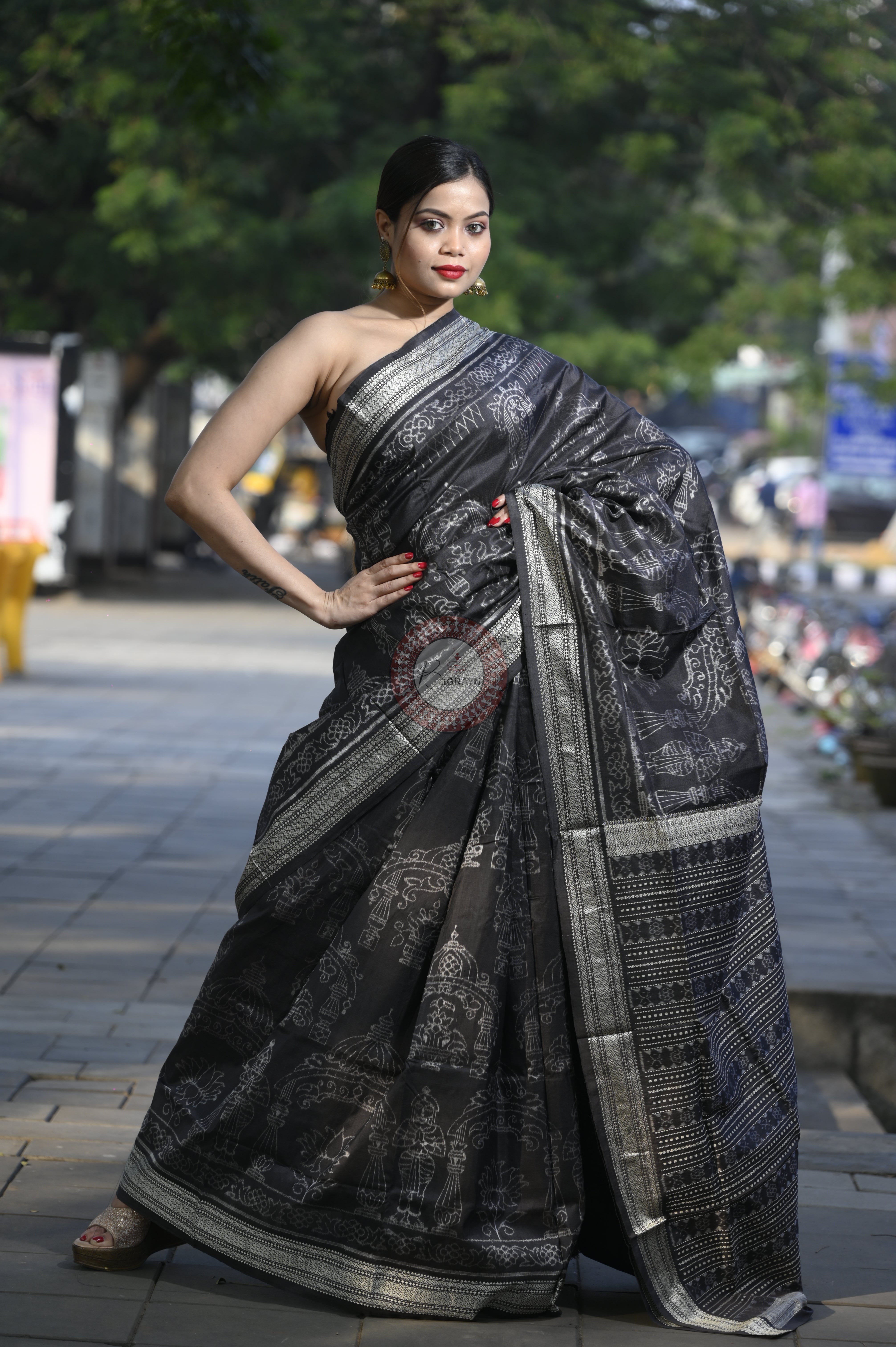 Black Tulasi Vrindavan Natural Dye Sambalpuri Silk Saree