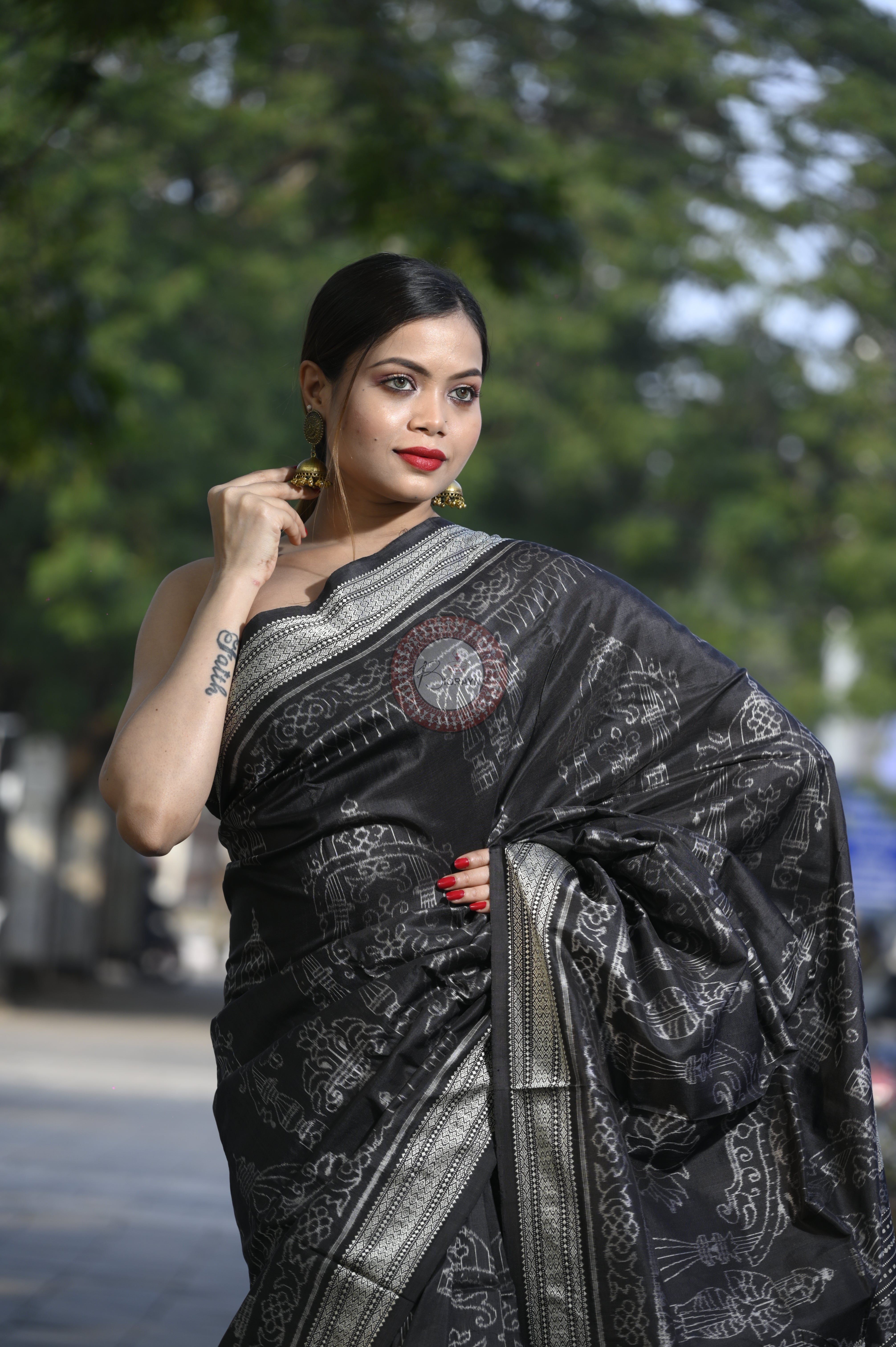 Black Tulasi Vrindavan Natural Dye Sambalpuri Silk Saree