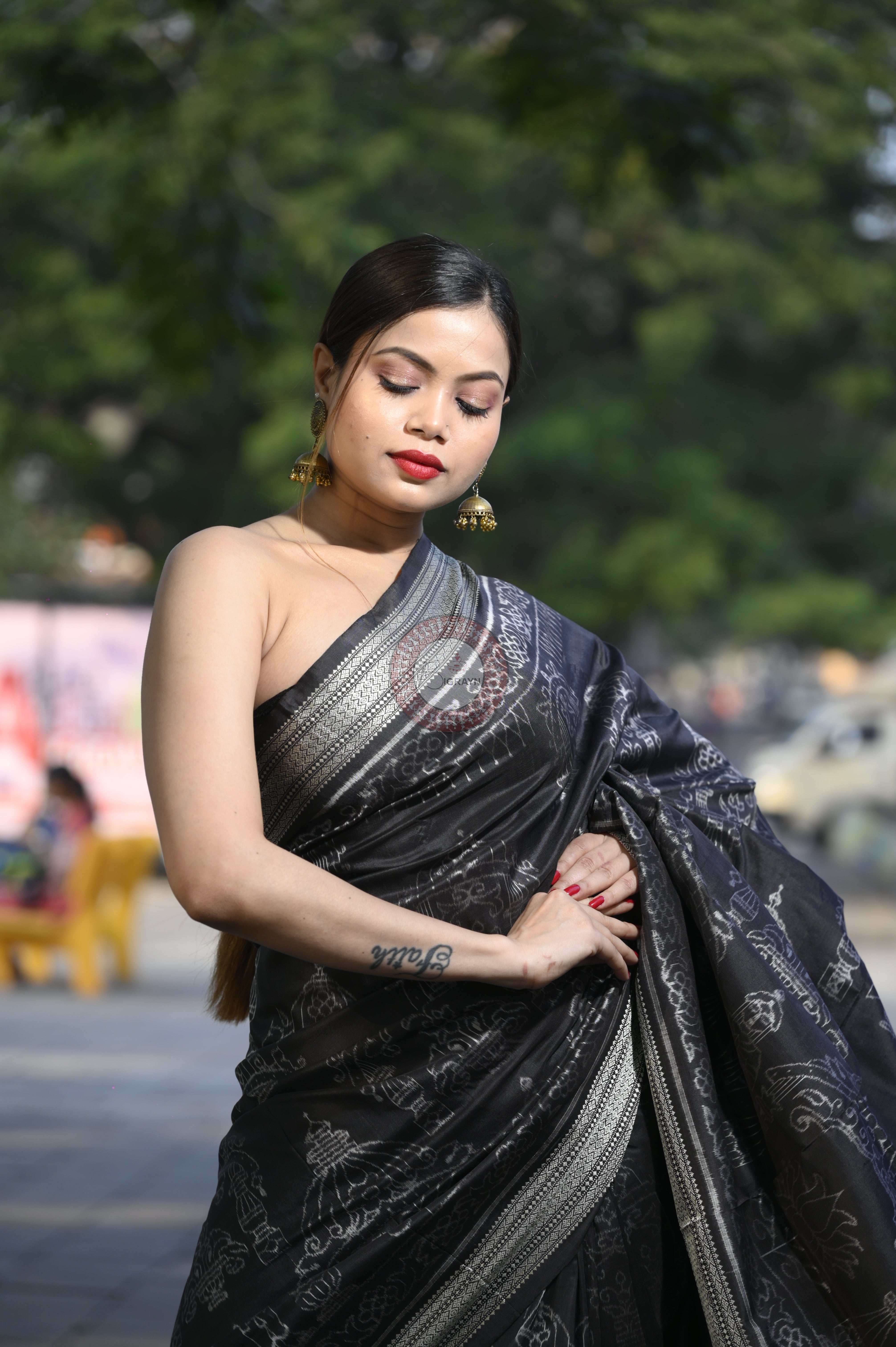 Black Tulasi Vrindavan Natural Dye Sambalpuri Silk Saree