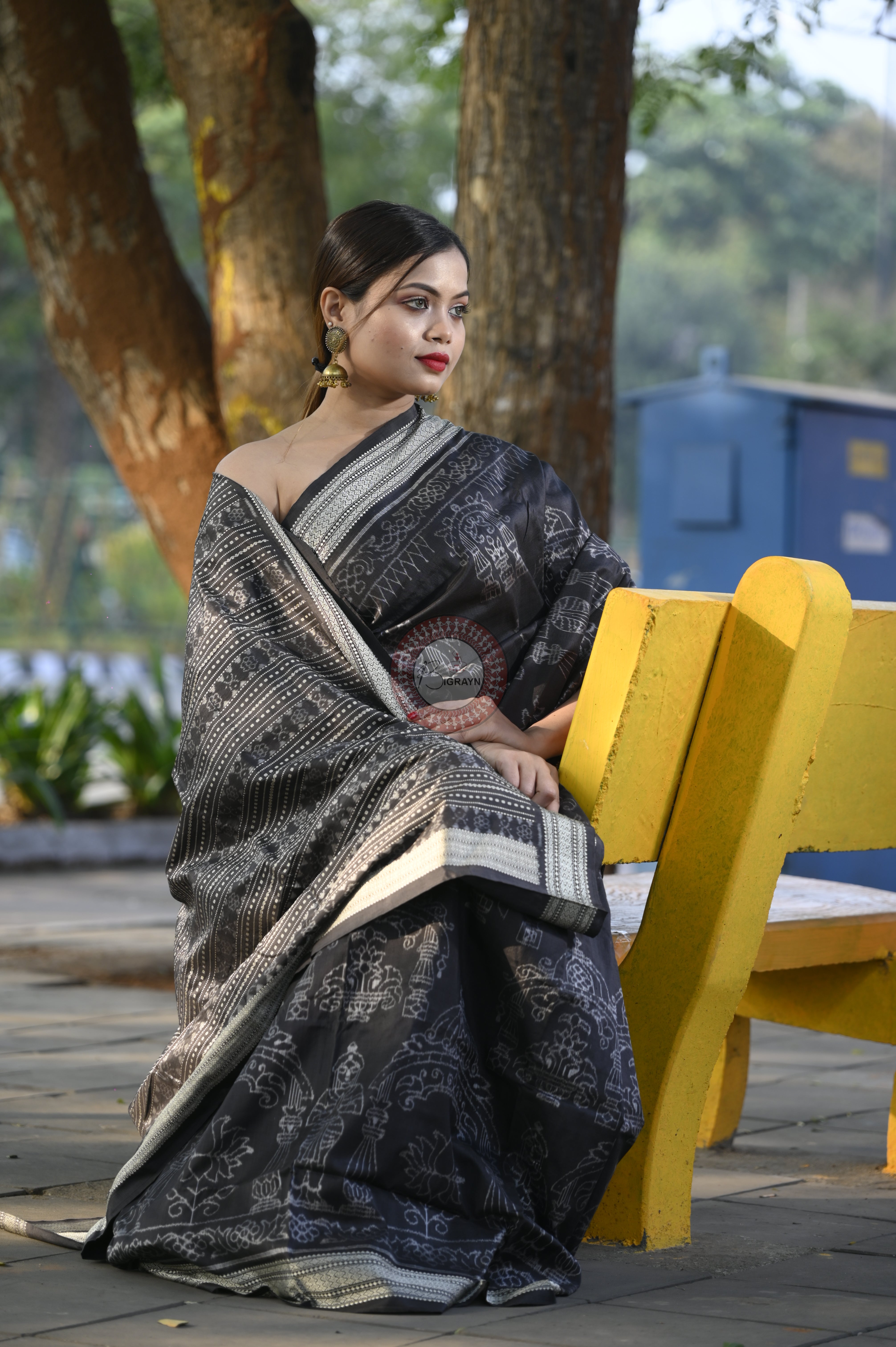 Black Tulasi Vrindavan Natural Dye Sambalpuri Silk Saree