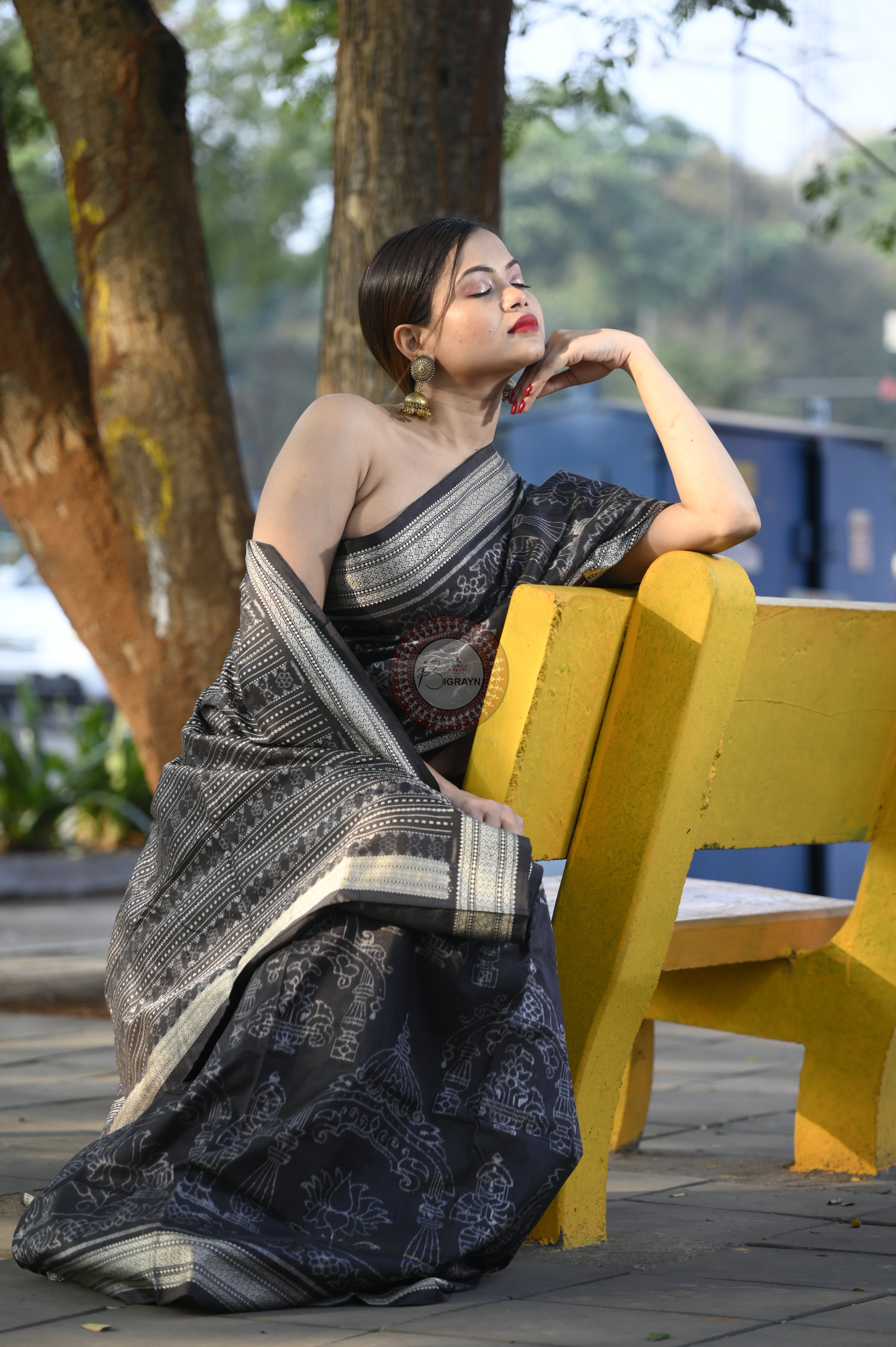 Black Tulasi Vrindavan Natural Dye Sambalpuri Silk Saree