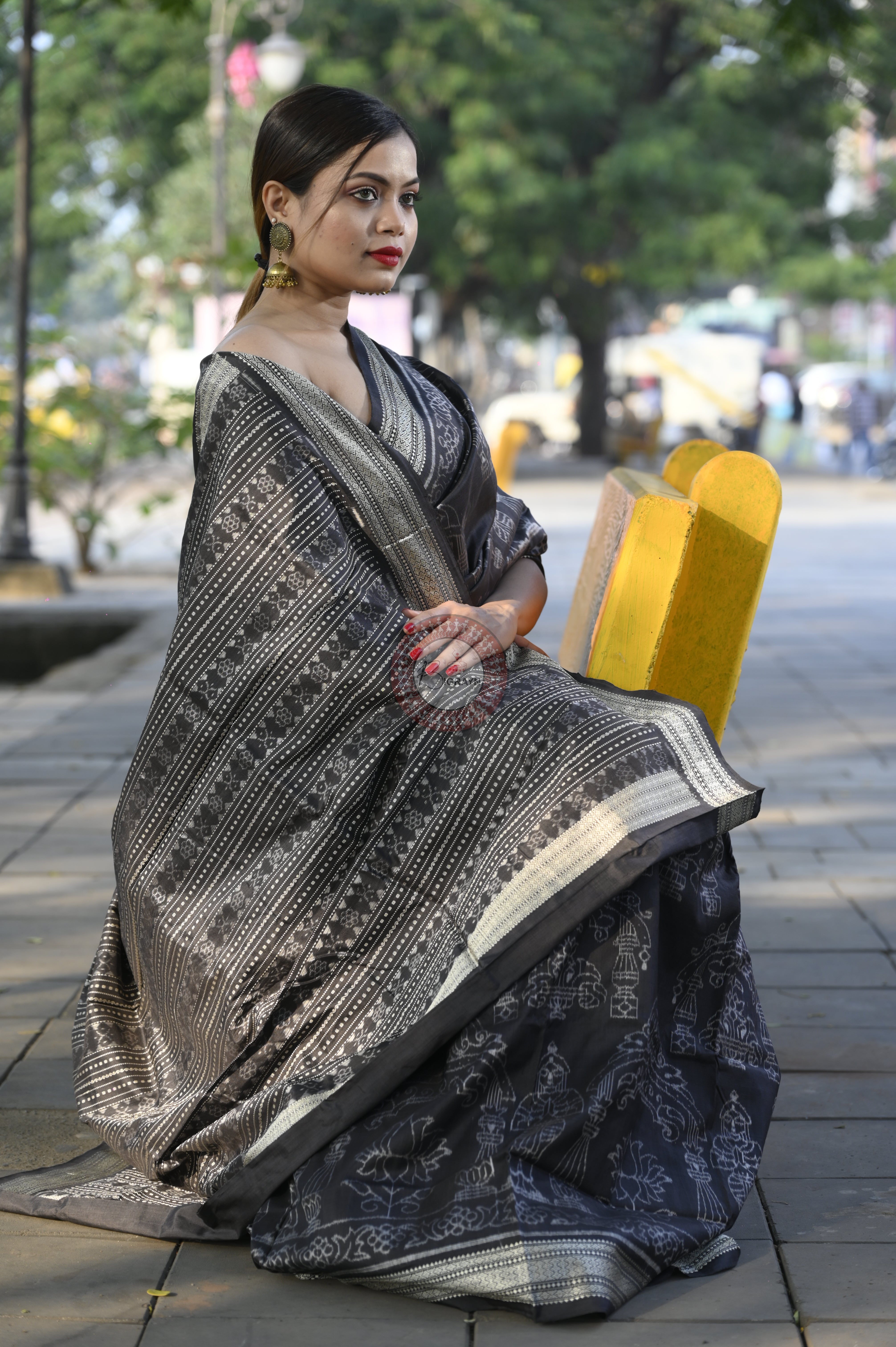 Black Tulasi Vrindavan Natural Dye Sambalpuri Silk Saree