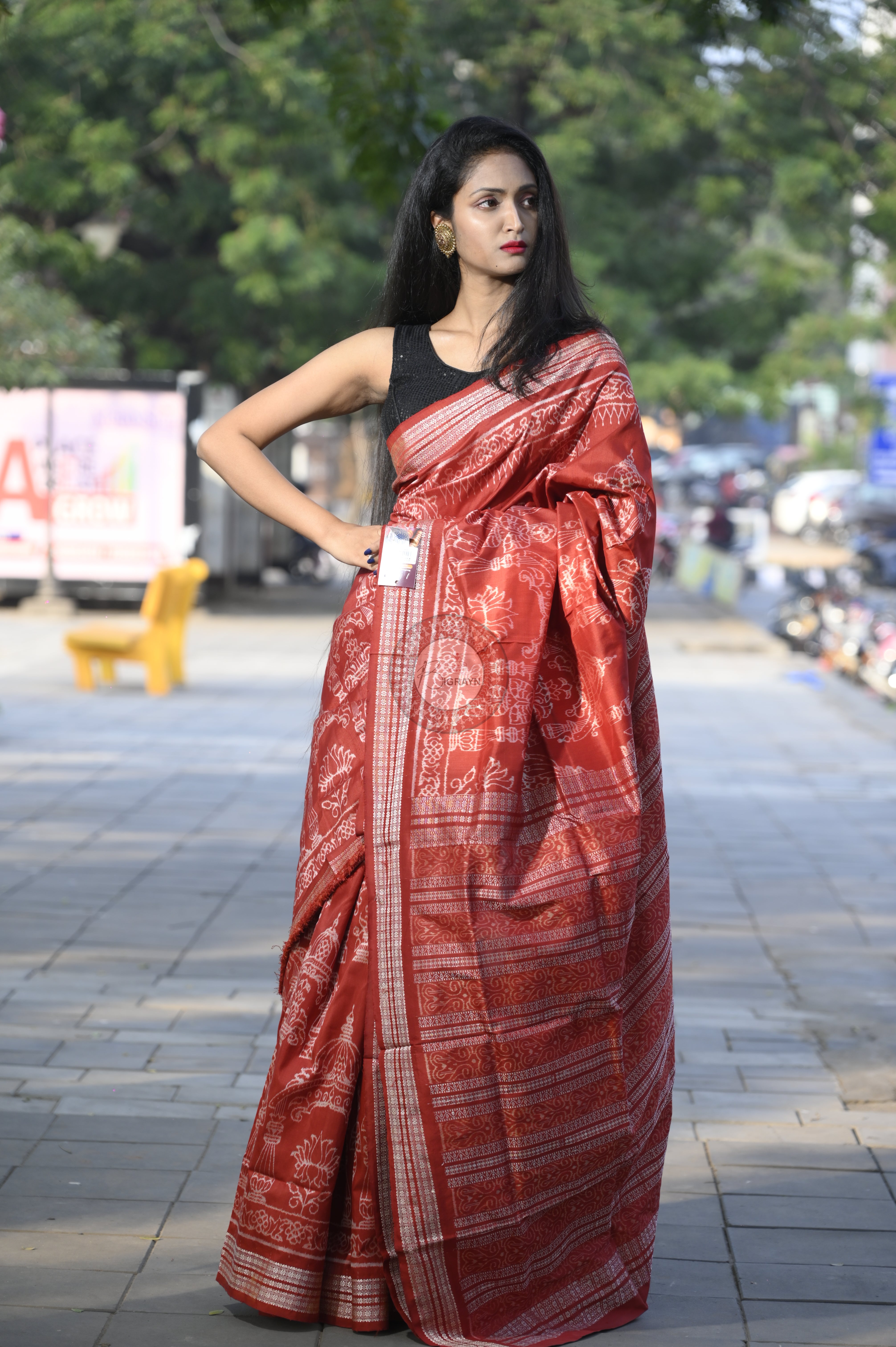 Red Tulasi Vrindavan Natural Dye Sambalpuri Silk Saree