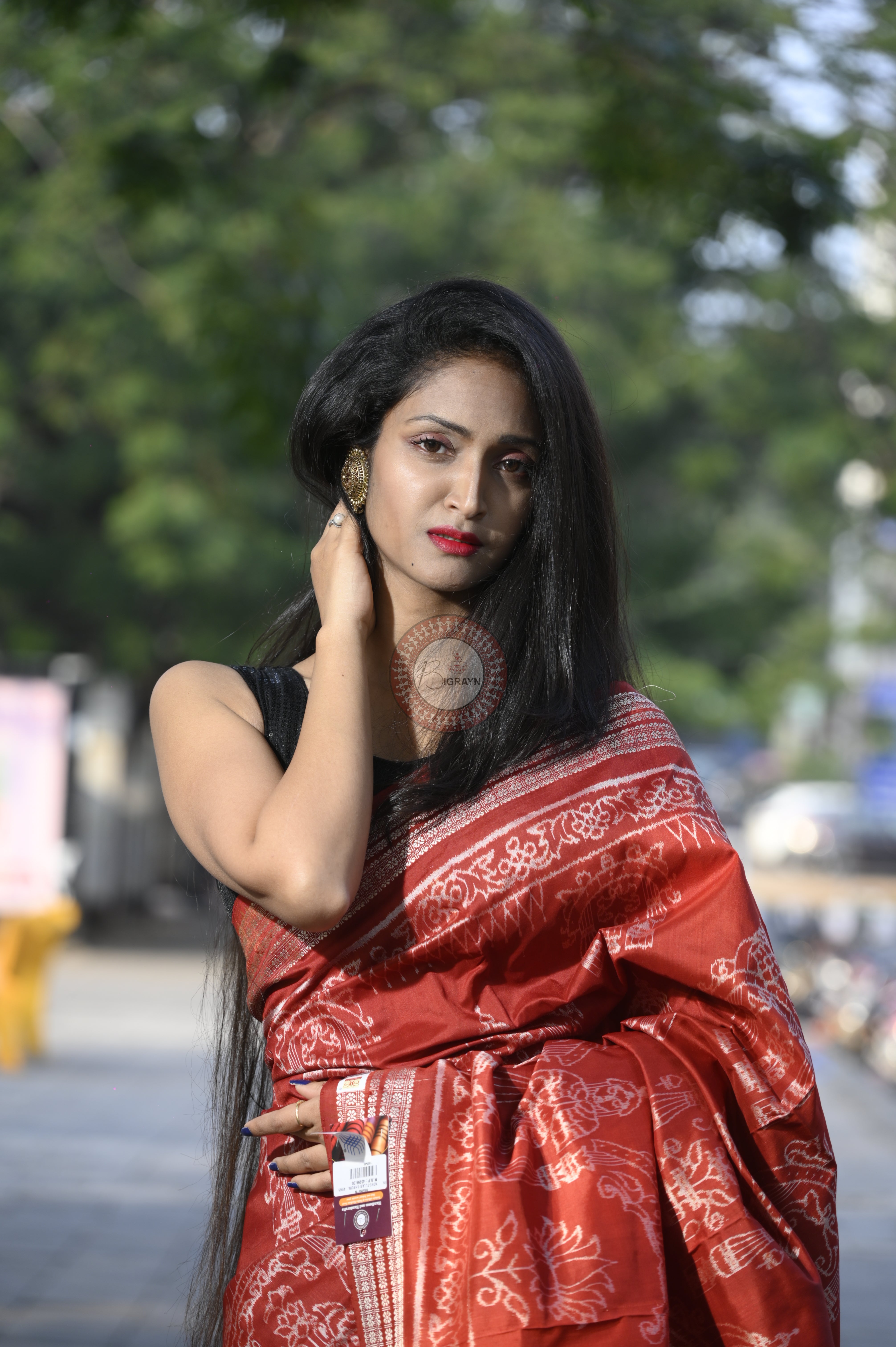 Red Tulasi Vrindavan Natural Dye Sambalpuri Silk Saree