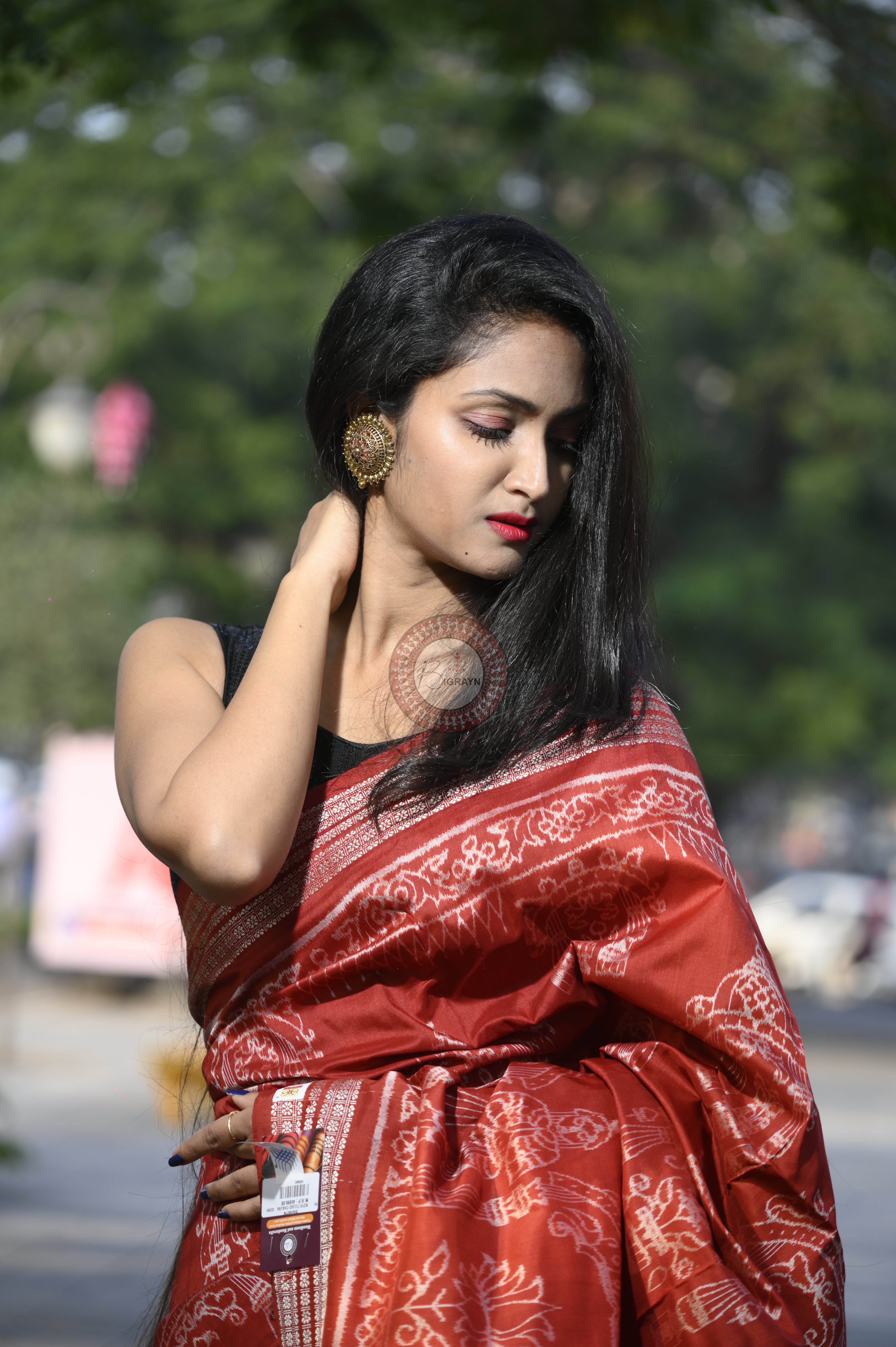 Red Tulasi Vrindavan Natural Dye Sambalpuri Silk Saree