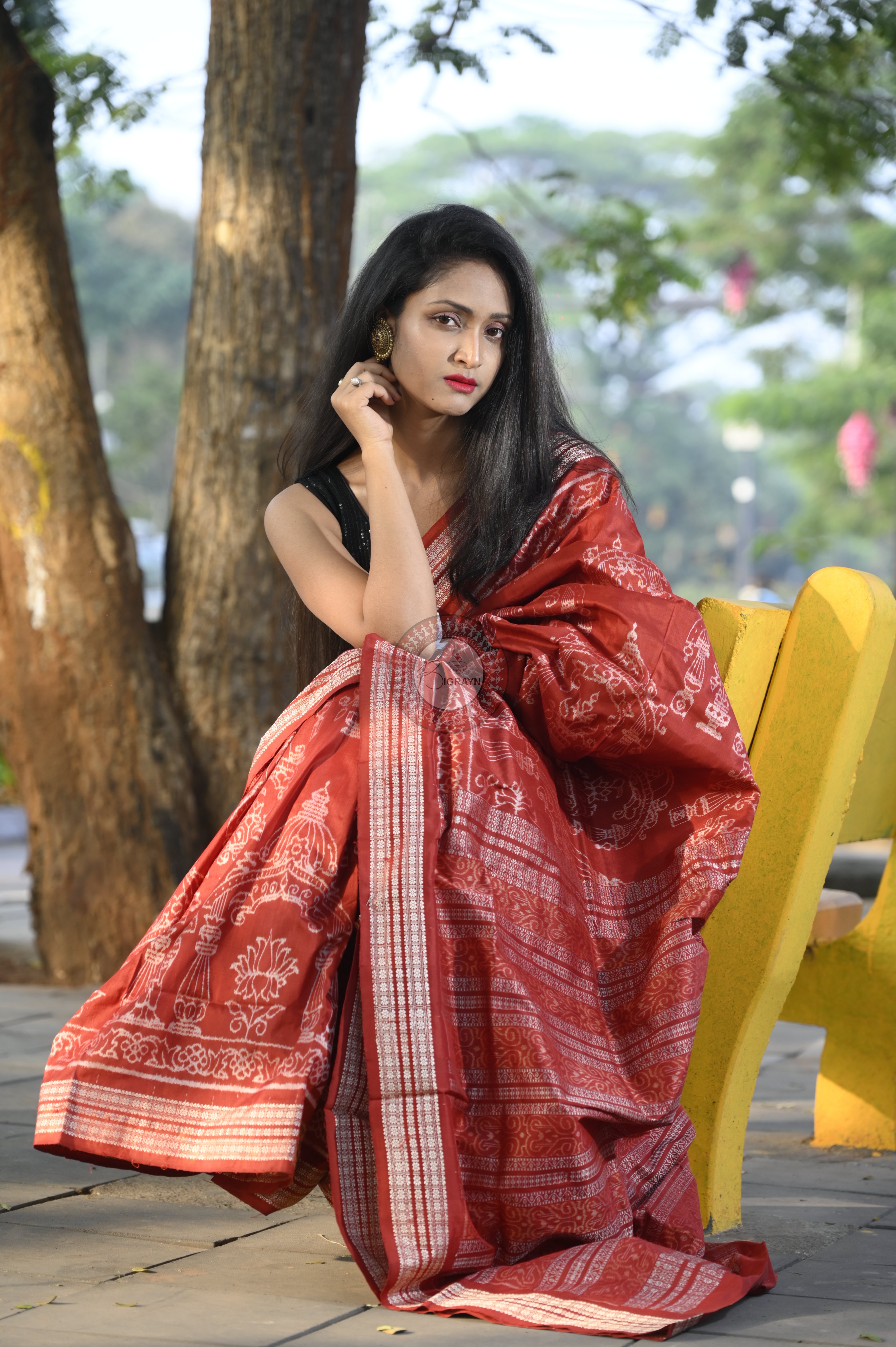 Red Tulasi Vrindavan Natural Dye Sambalpuri Silk Saree