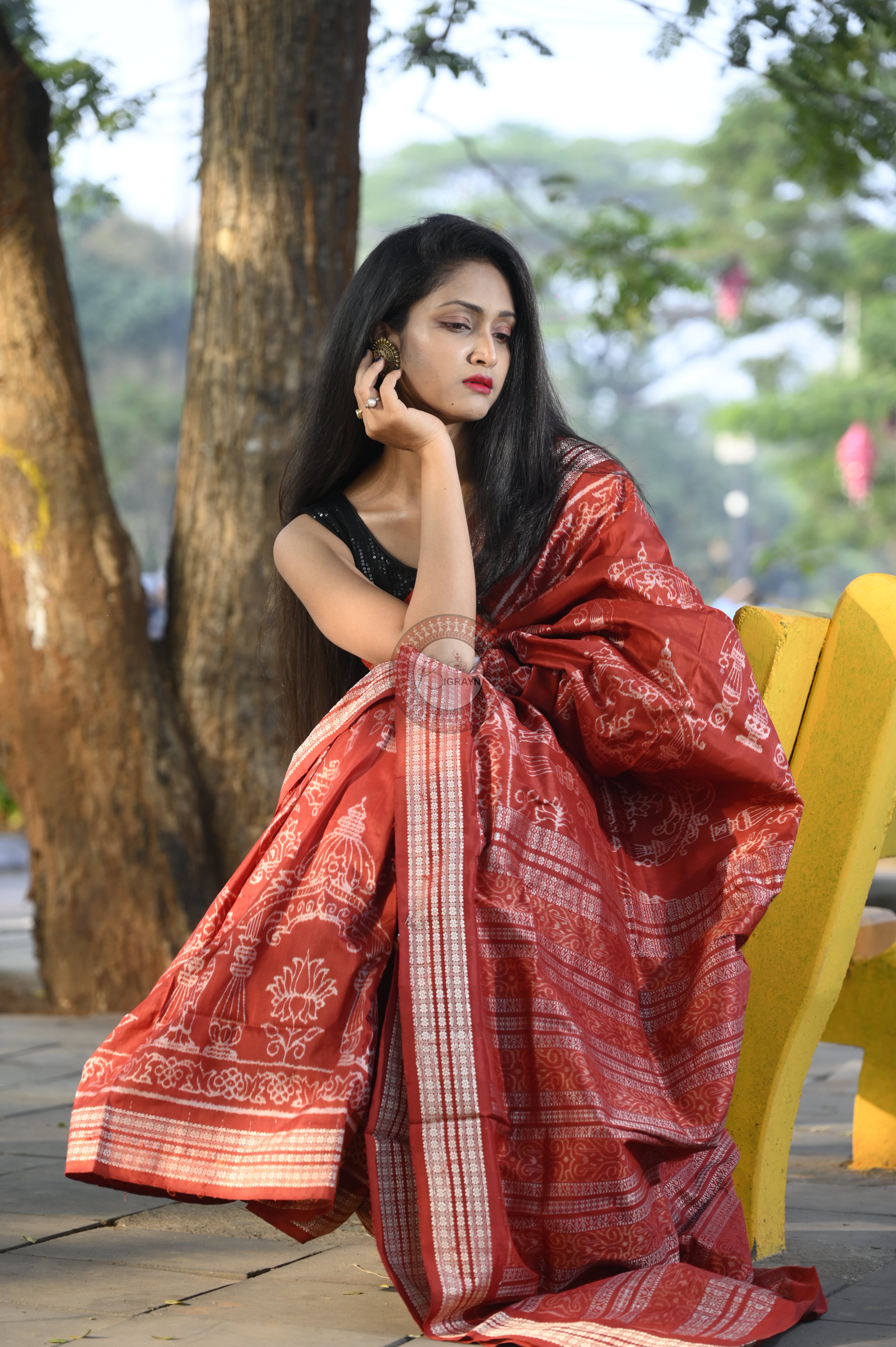 Red Tulasi Vrindavan Natural Dye Sambalpuri Silk Saree