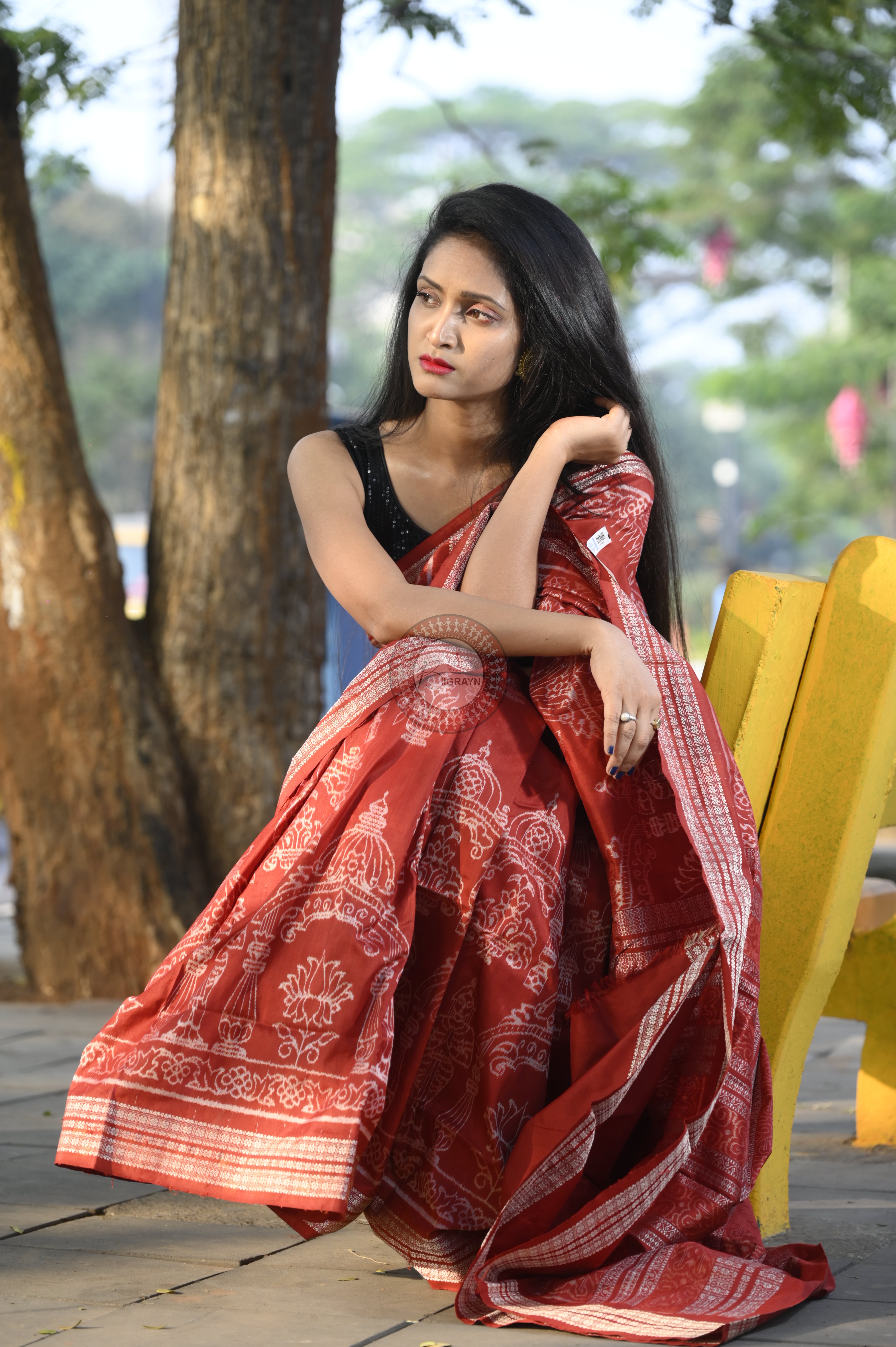 Red Tulasi Vrindavan Natural Dye Sambalpuri Silk Saree
