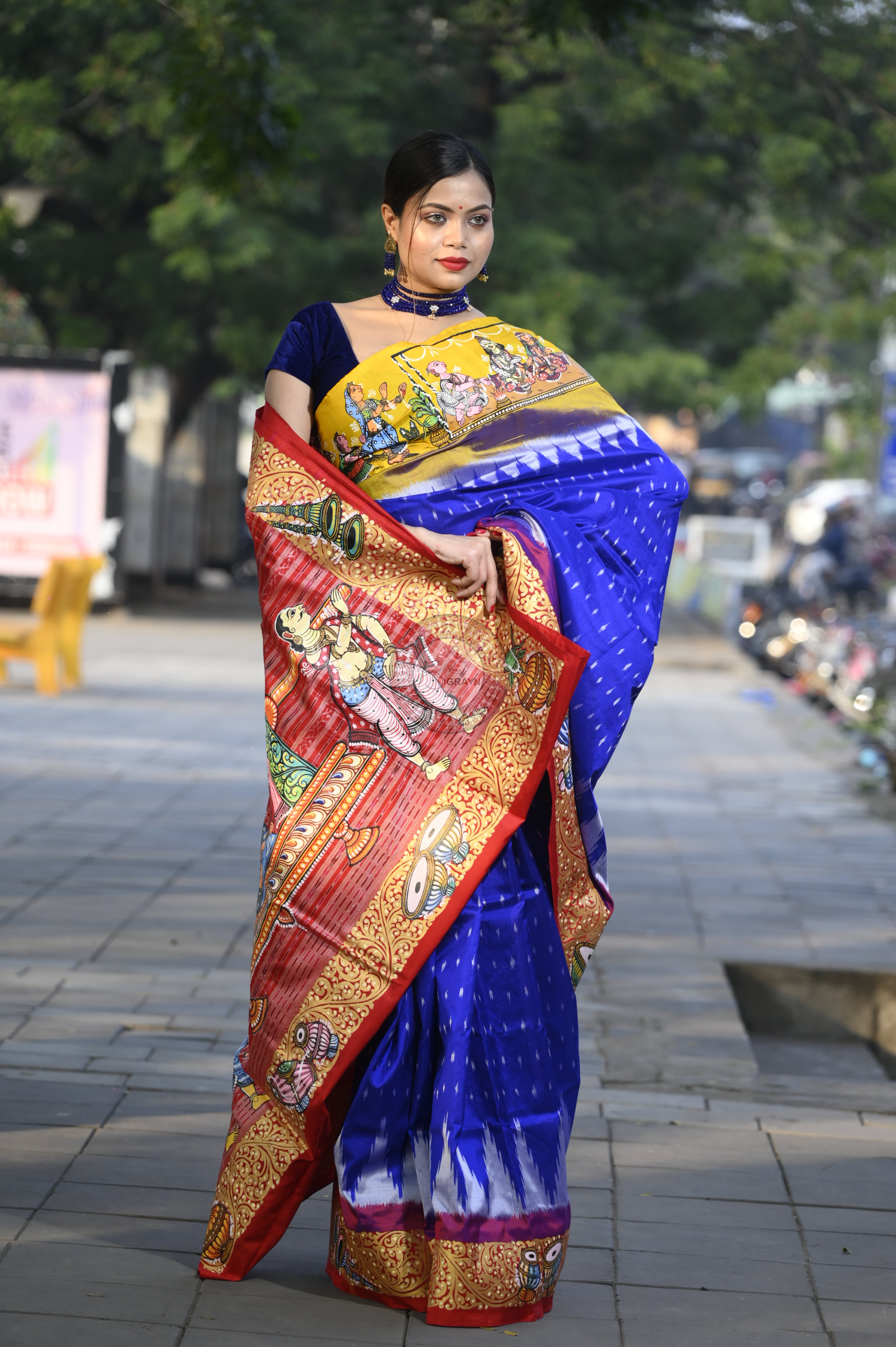 Blue Ganga Jamuna Border Marriage Theme Pattachitra Sambalpuri Silk Saree