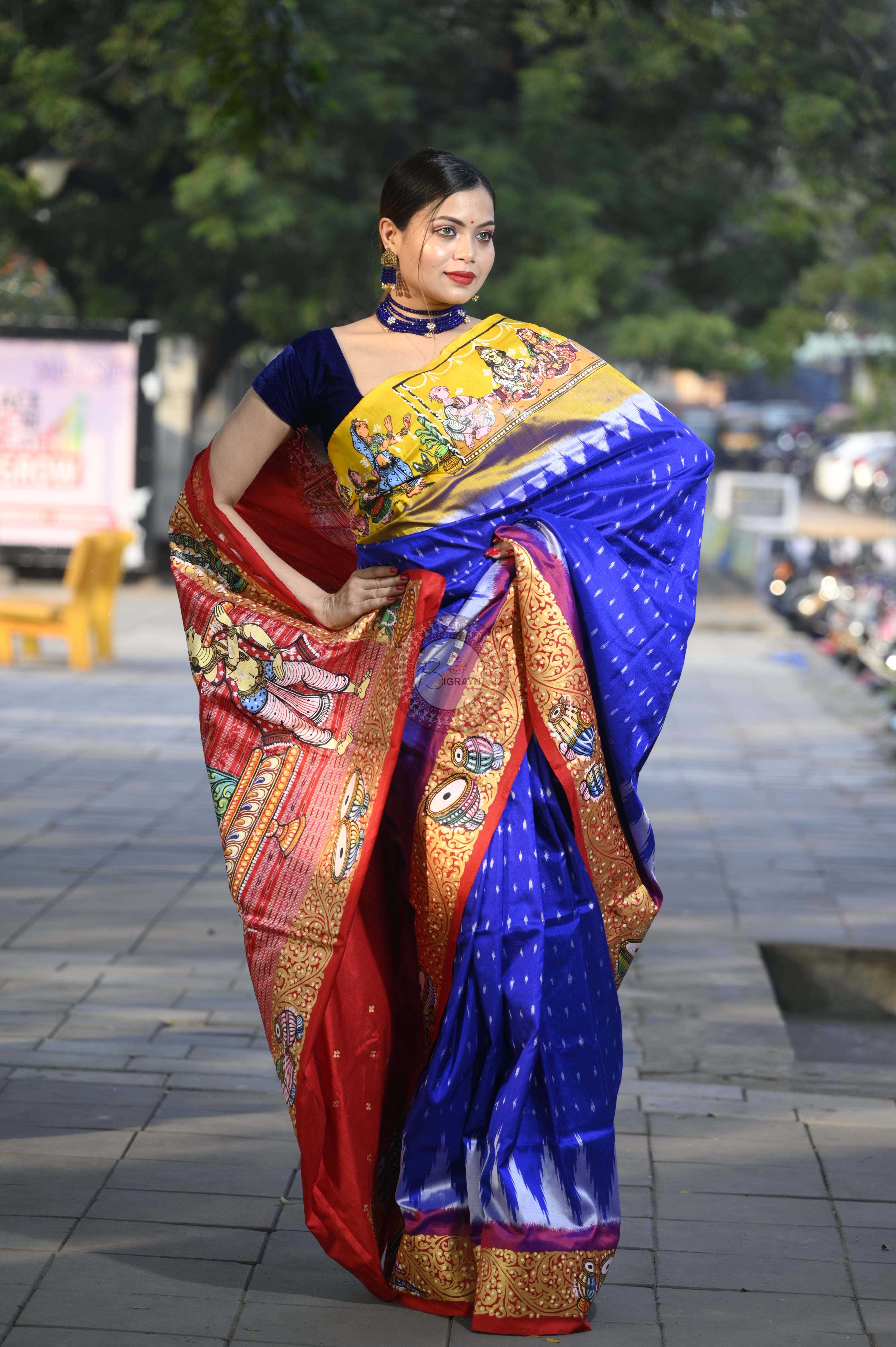 Blue Ganga Jamuna Border Marriage Theme Pattachitra Sambalpuri Silk Saree