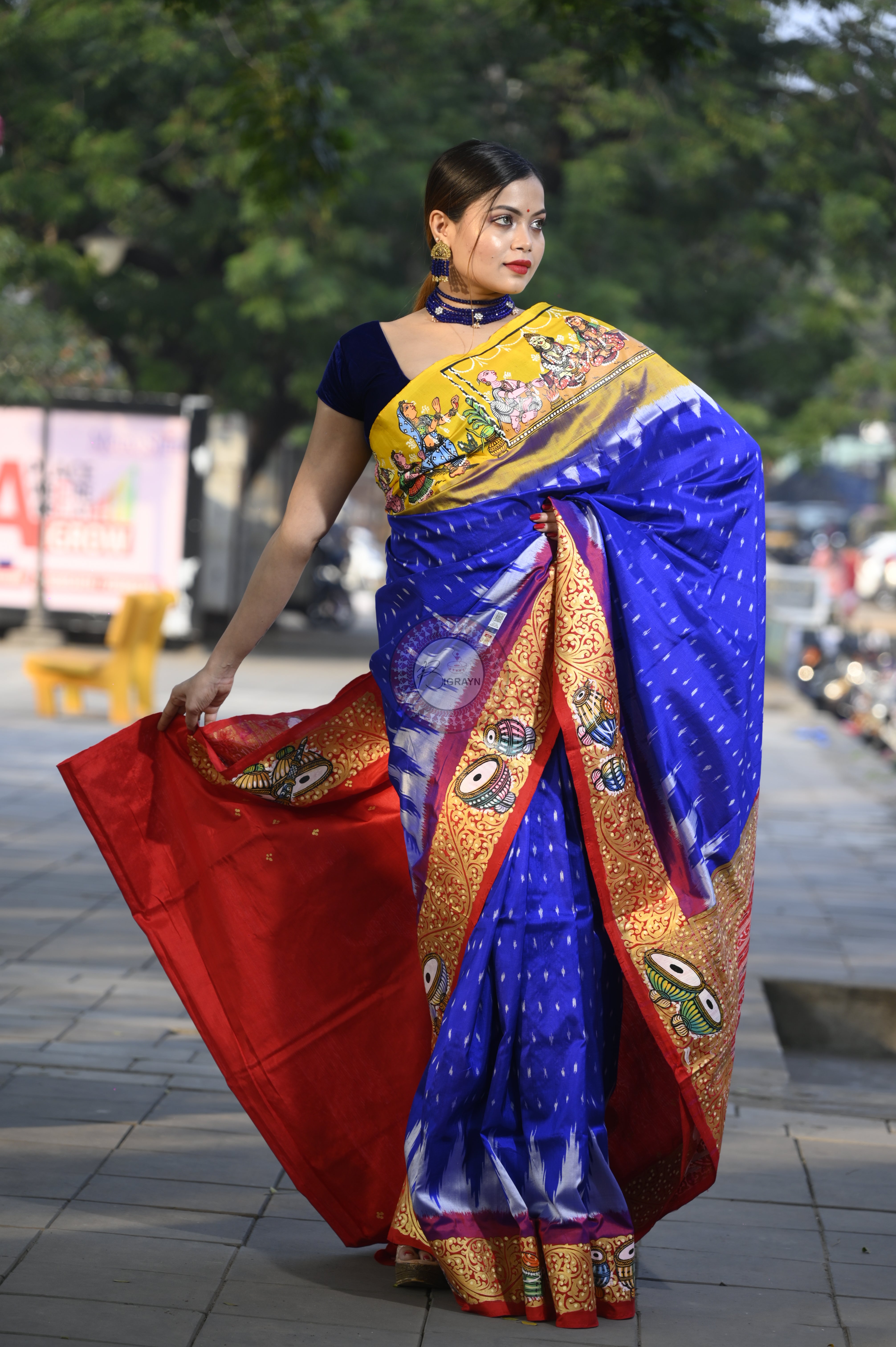 Blue Ganga Jamuna Border Marriage Theme Pattachitra Sambalpuri Silk Saree