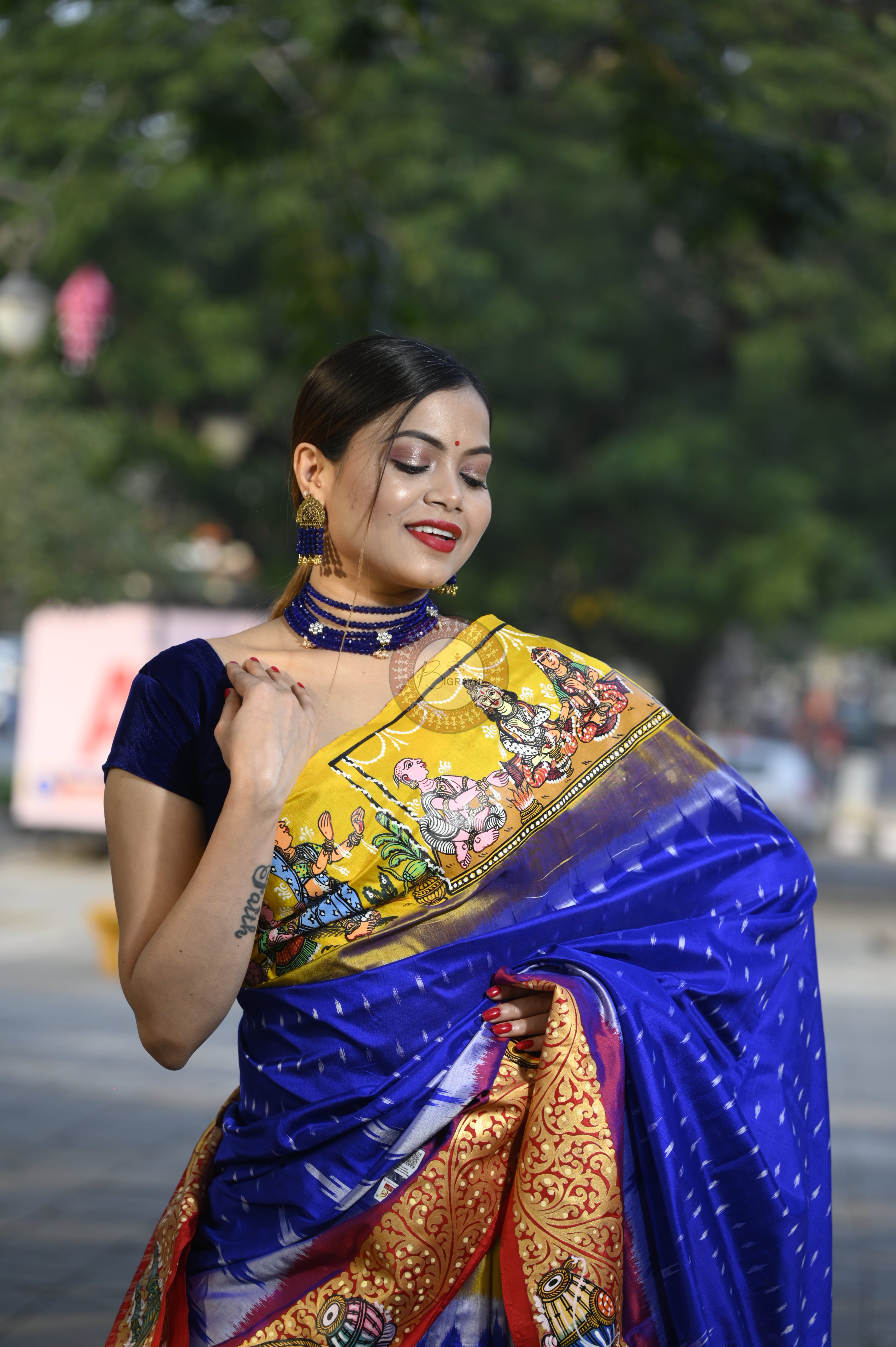 Blue Ganga Jamuna Border Marriage Theme Pattachitra Sambalpuri Silk Saree