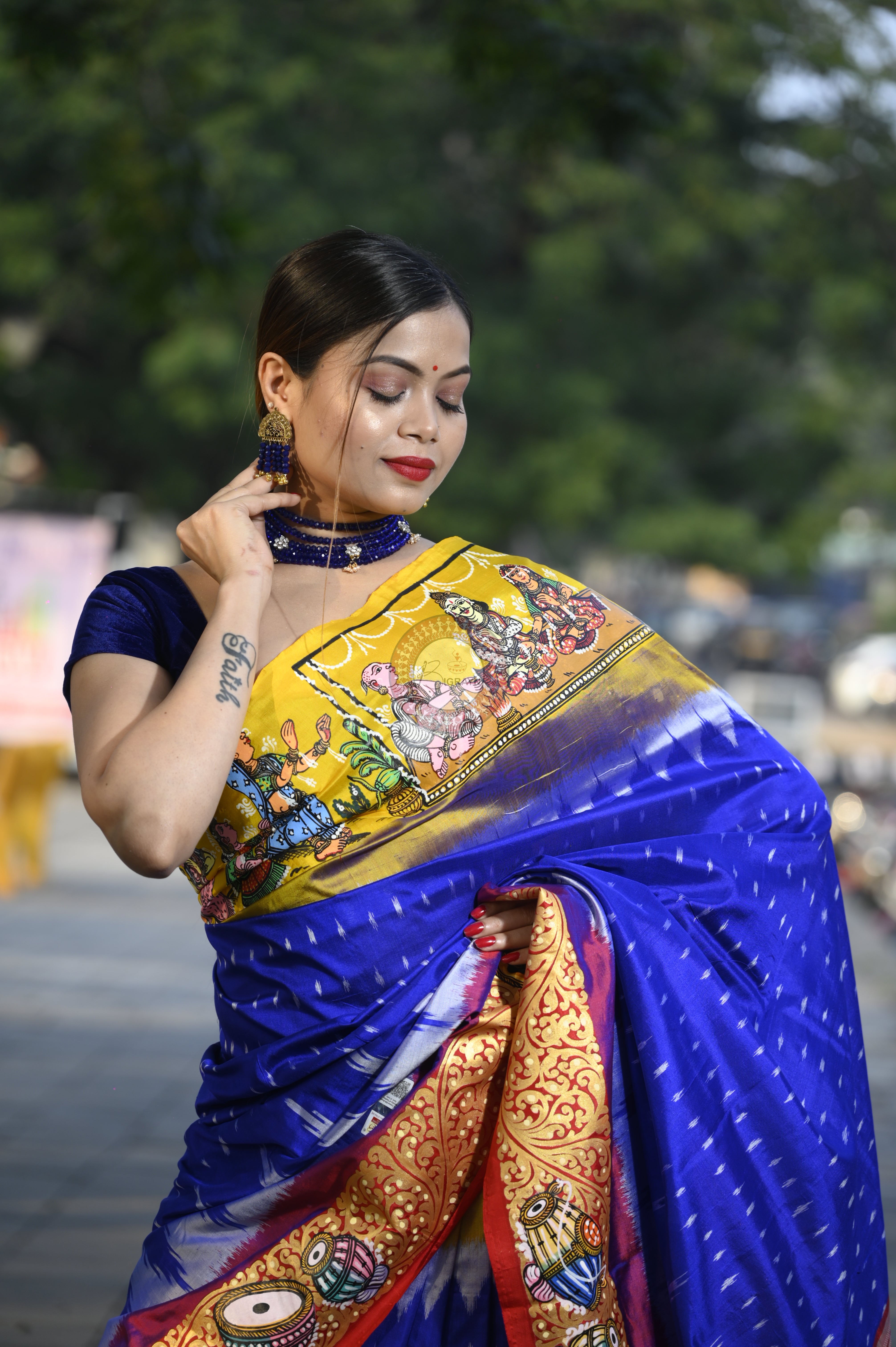 Blue Ganga Jamuna Border Marriage Theme Pattachitra Sambalpuri Silk Saree