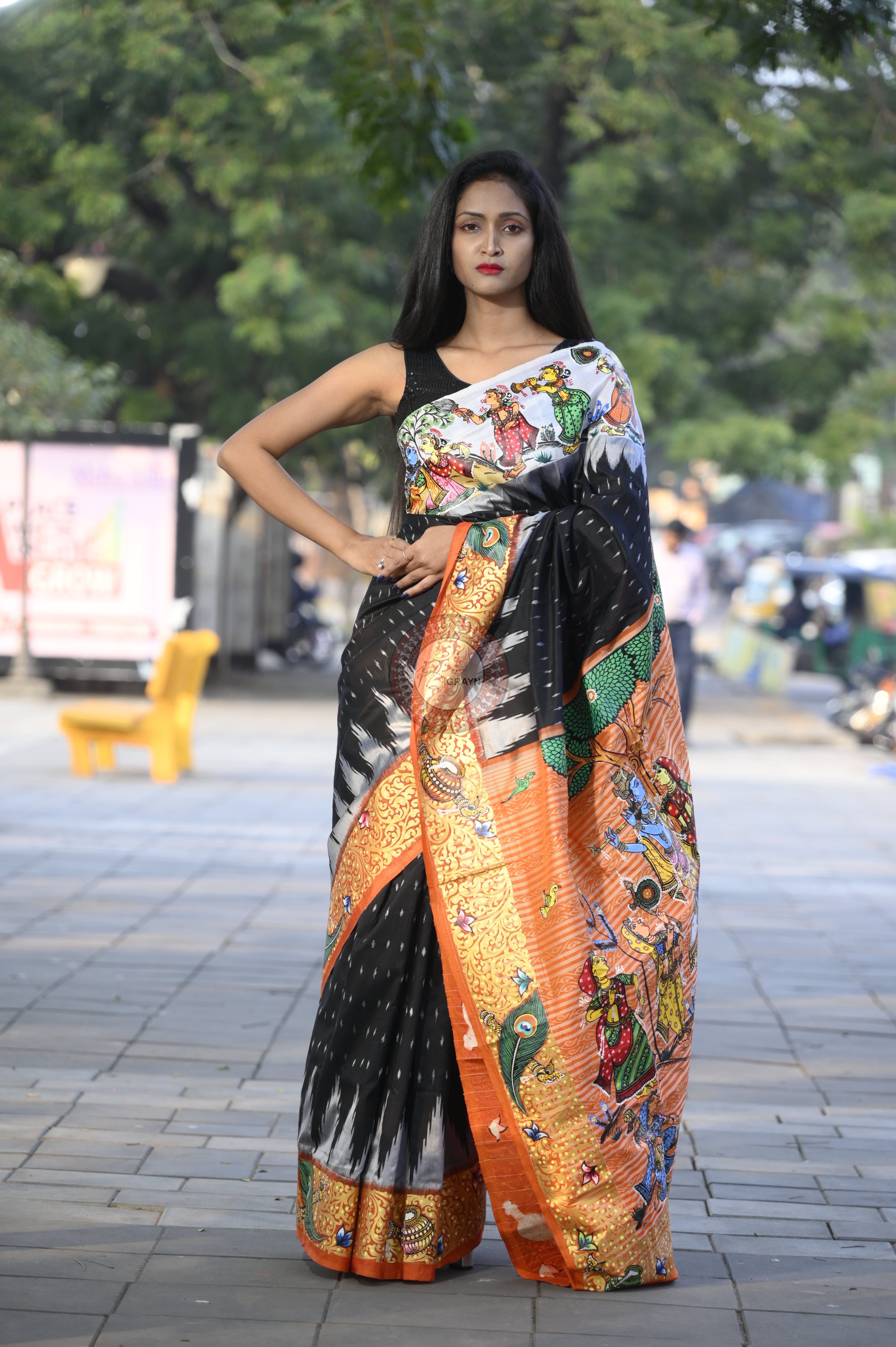 Black Ganga Jamuna Border Radha Krishna Rasa Theme Pattachitra Sambalpuri Silk Saree
