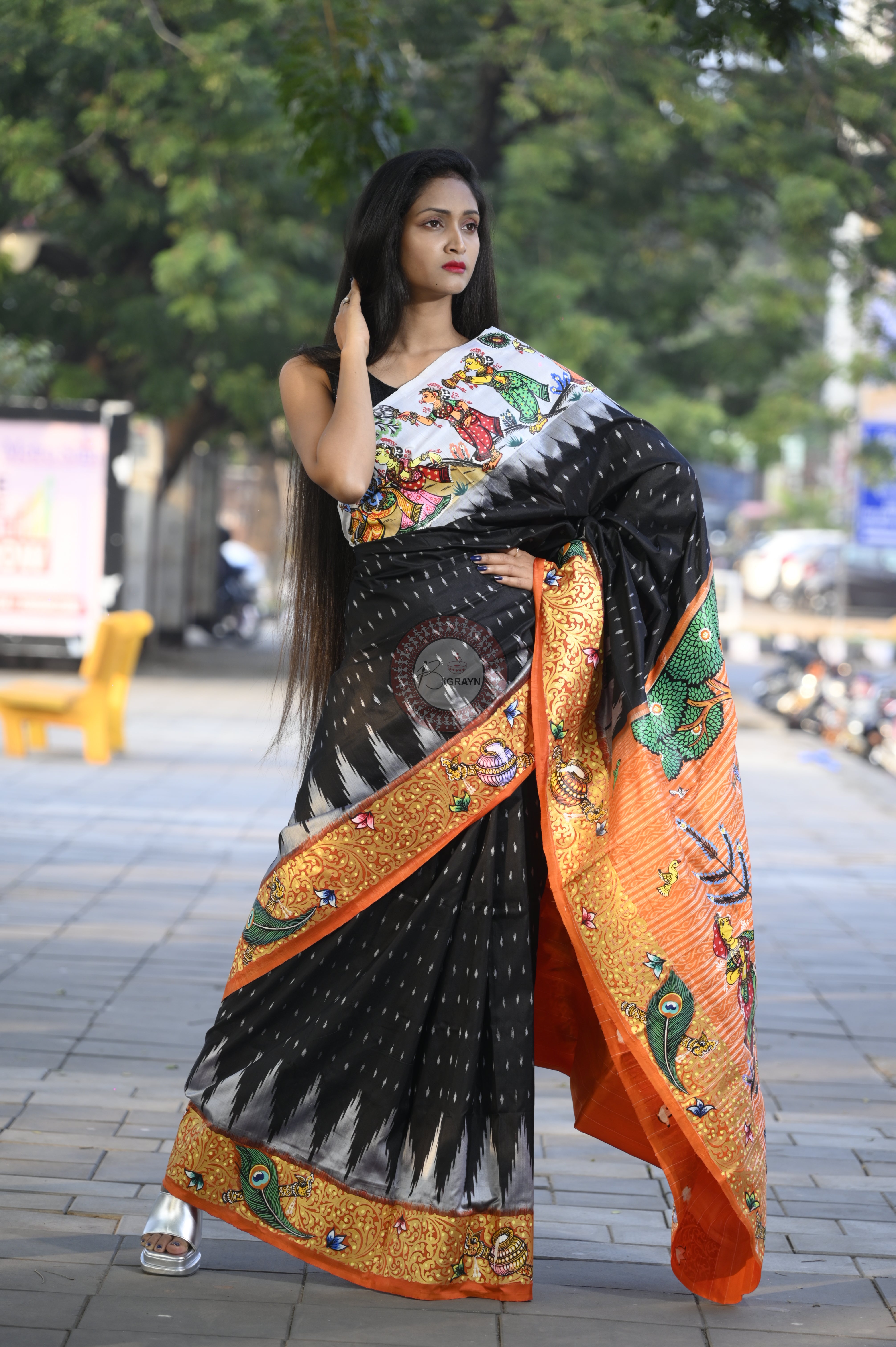 Black Ganga Jamuna Border Radha Krishna Rasa Theme Pattachitra Sambalpuri Silk Saree