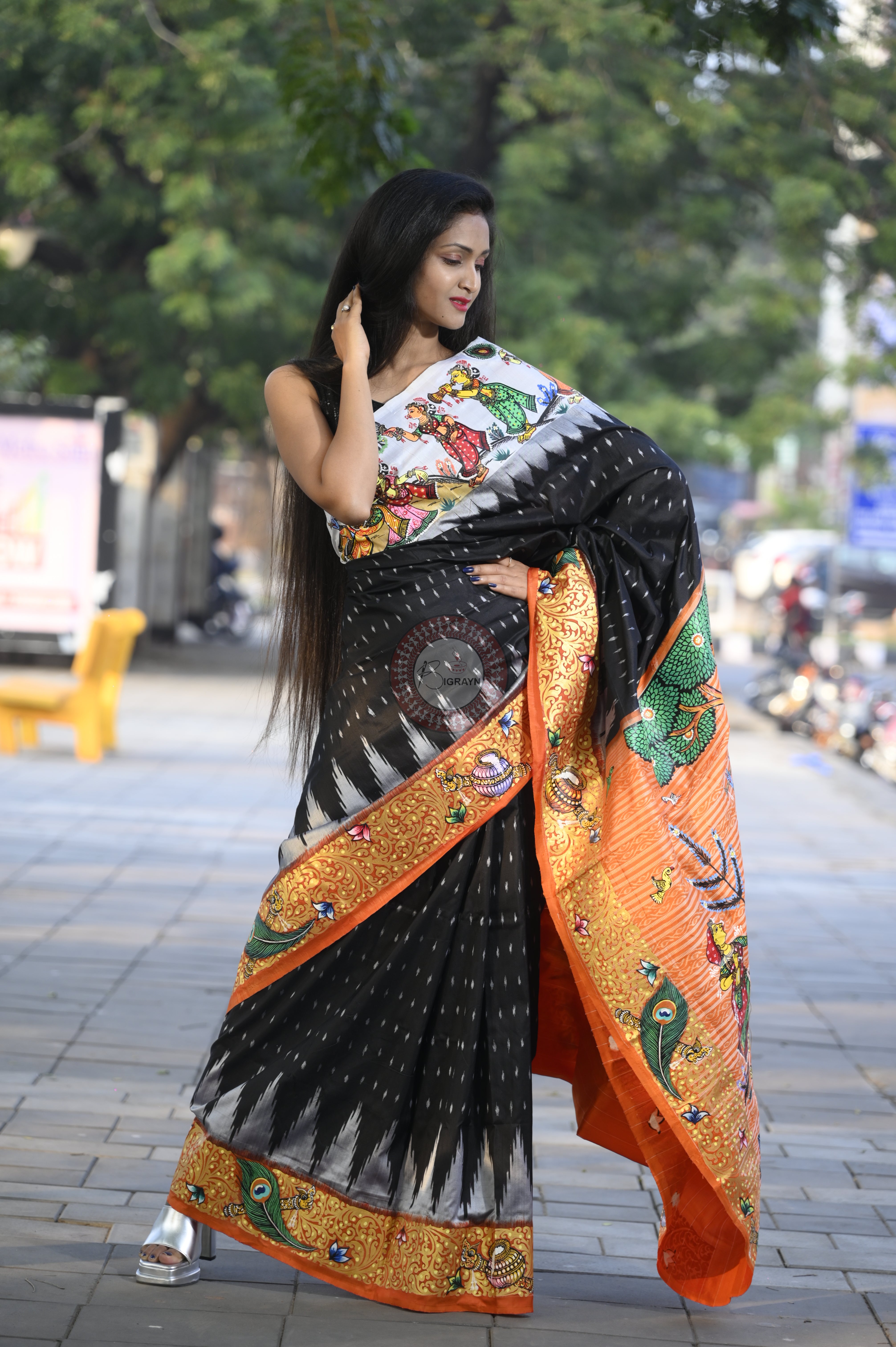 Black Ganga Jamuna Border Radha Krishna Rasa Theme Pattachitra Sambalpuri Silk Saree