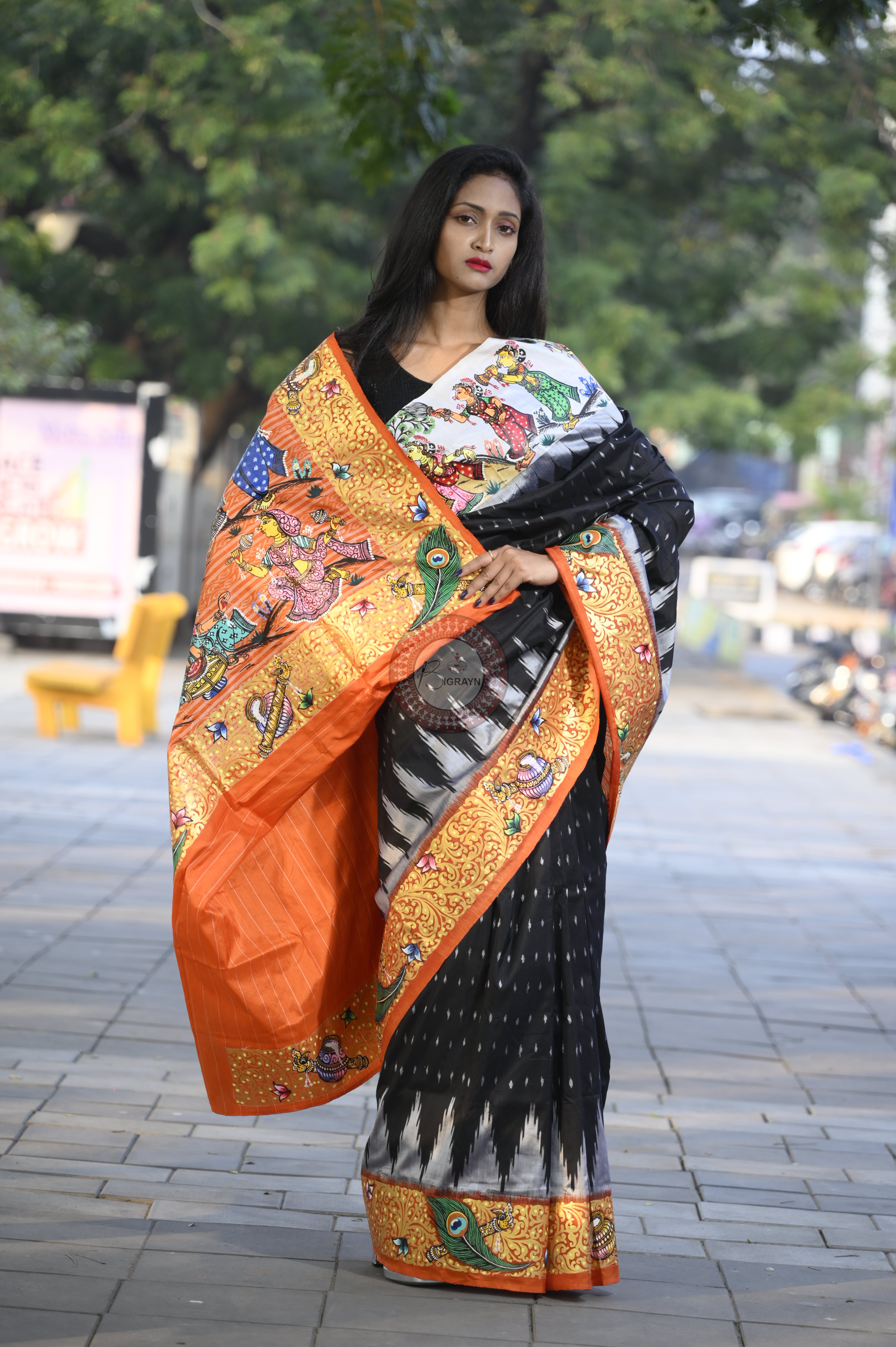 Black Ganga Jamuna Border Radha Krishna Rasa Theme Pattachitra Sambalpuri Silk Saree