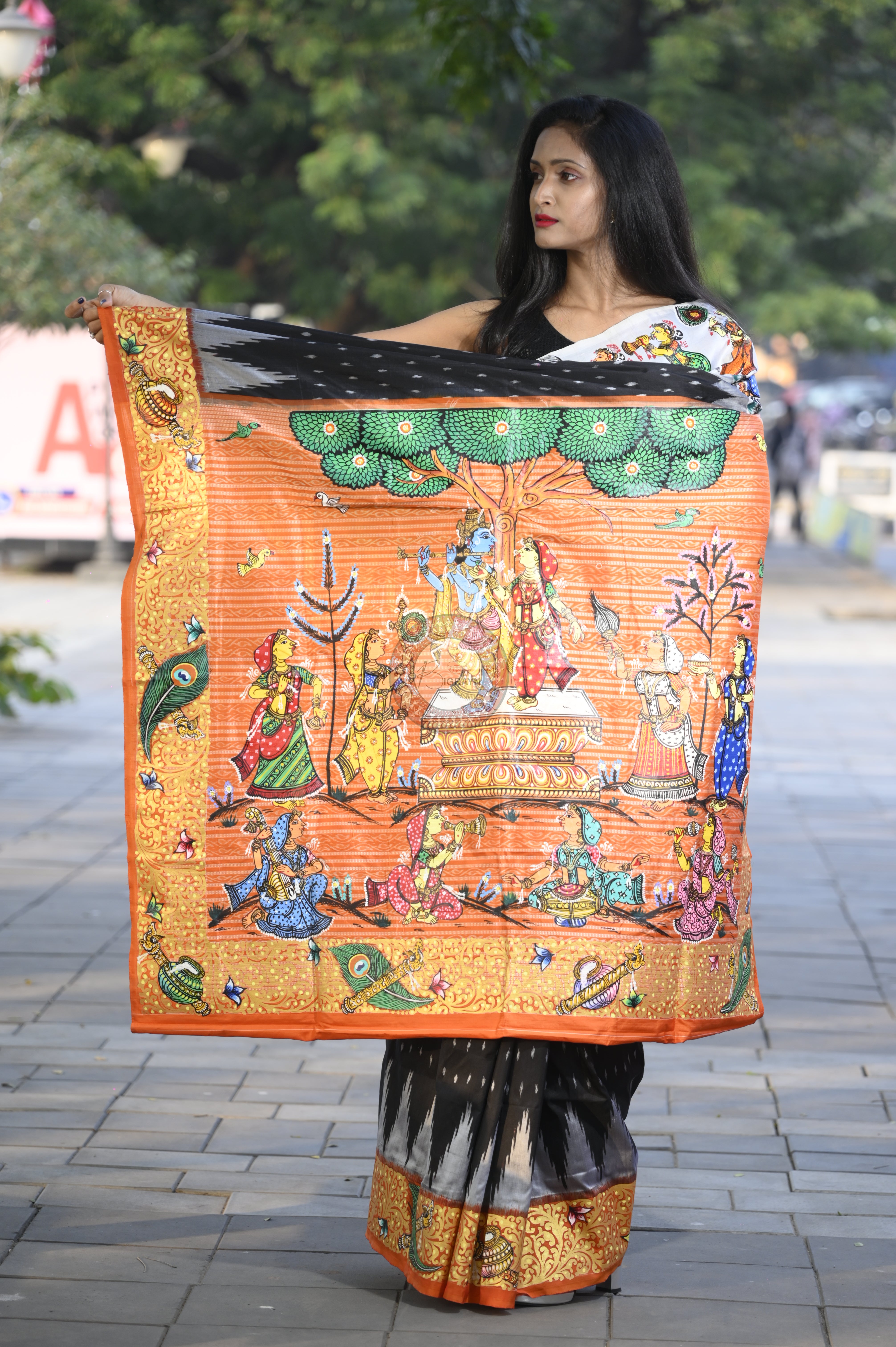 Black Ganga Jamuna Border Radha Krishna Rasa Theme Pattachitra Sambalpuri Silk Saree