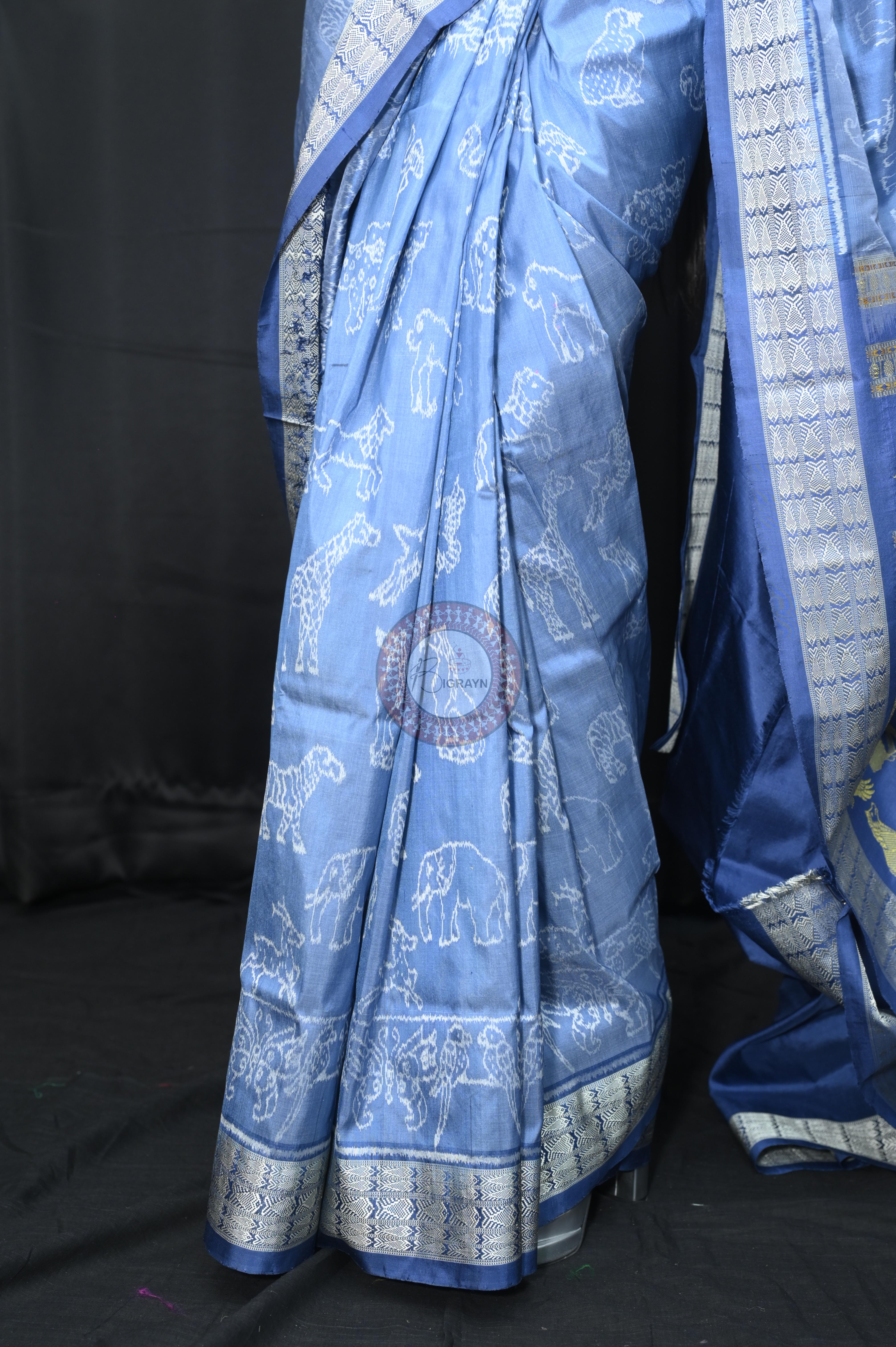 Indigo Blue Animal Planent Sambalpuri Silk Saree