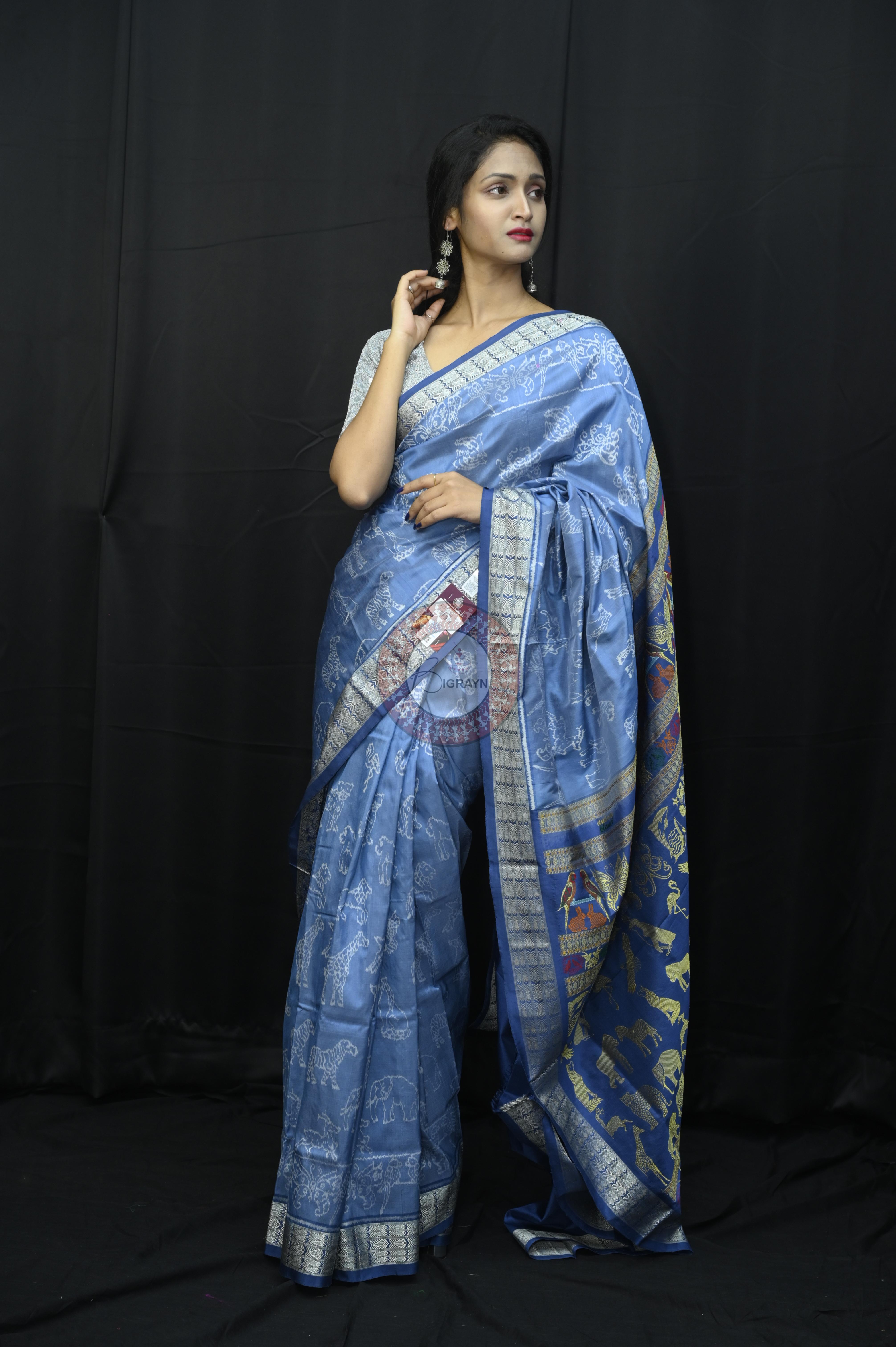 Indigo Blue Animal Planent Sambalpuri Silk Saree