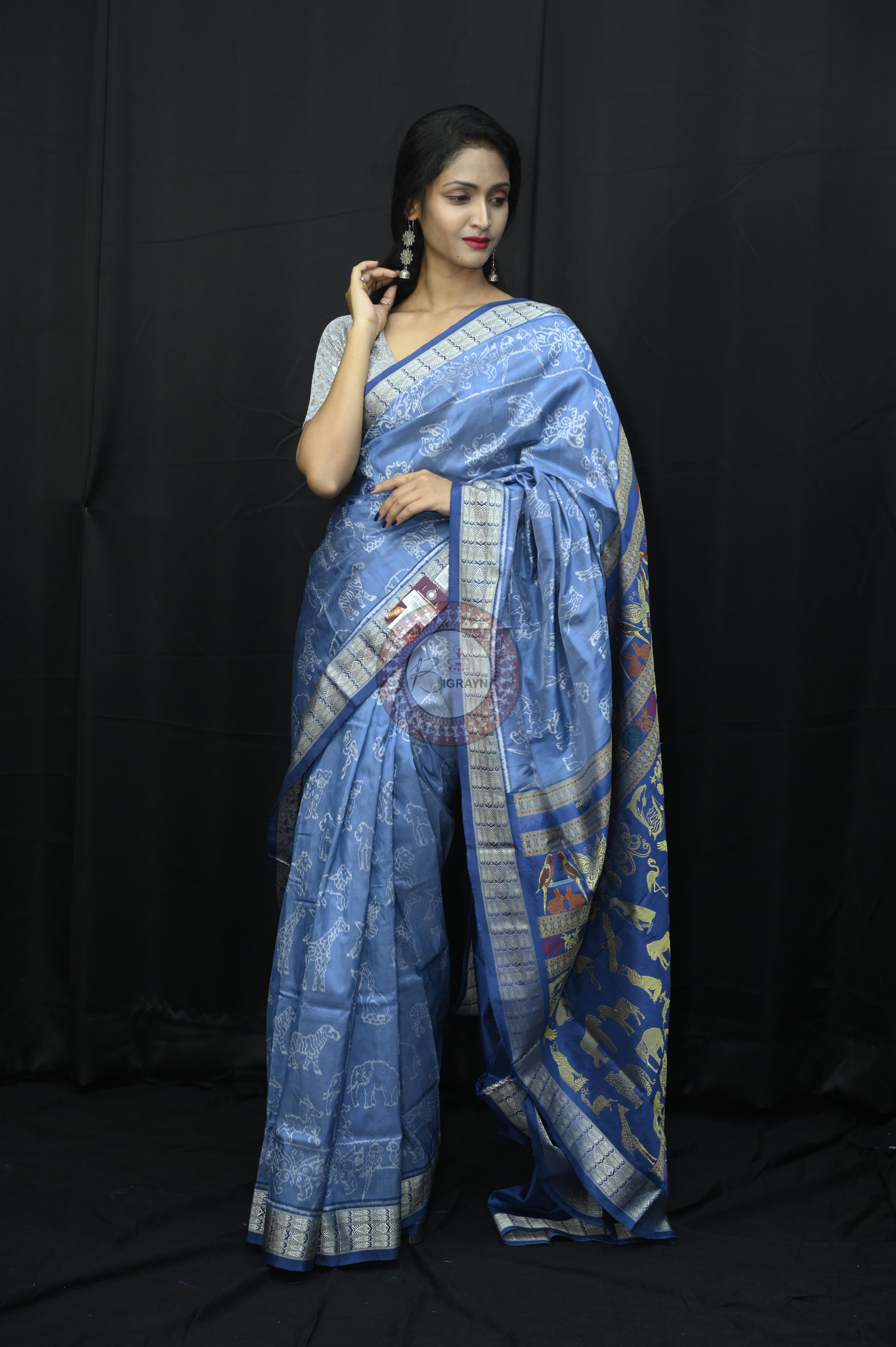 Indigo Blue Animal Planent Sambalpuri Silk Saree