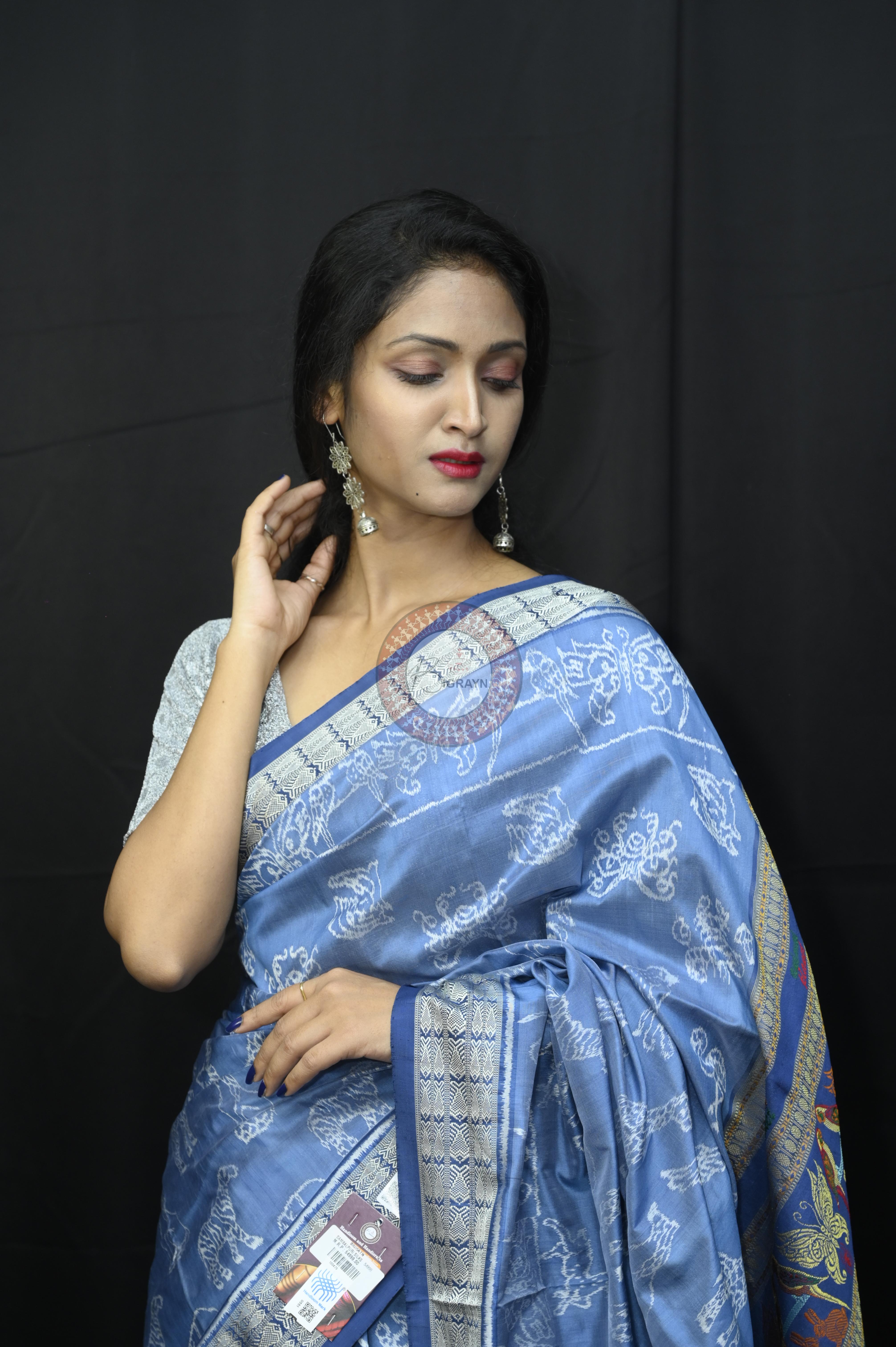 Indigo Blue Animal Planent Sambalpuri Silk Saree