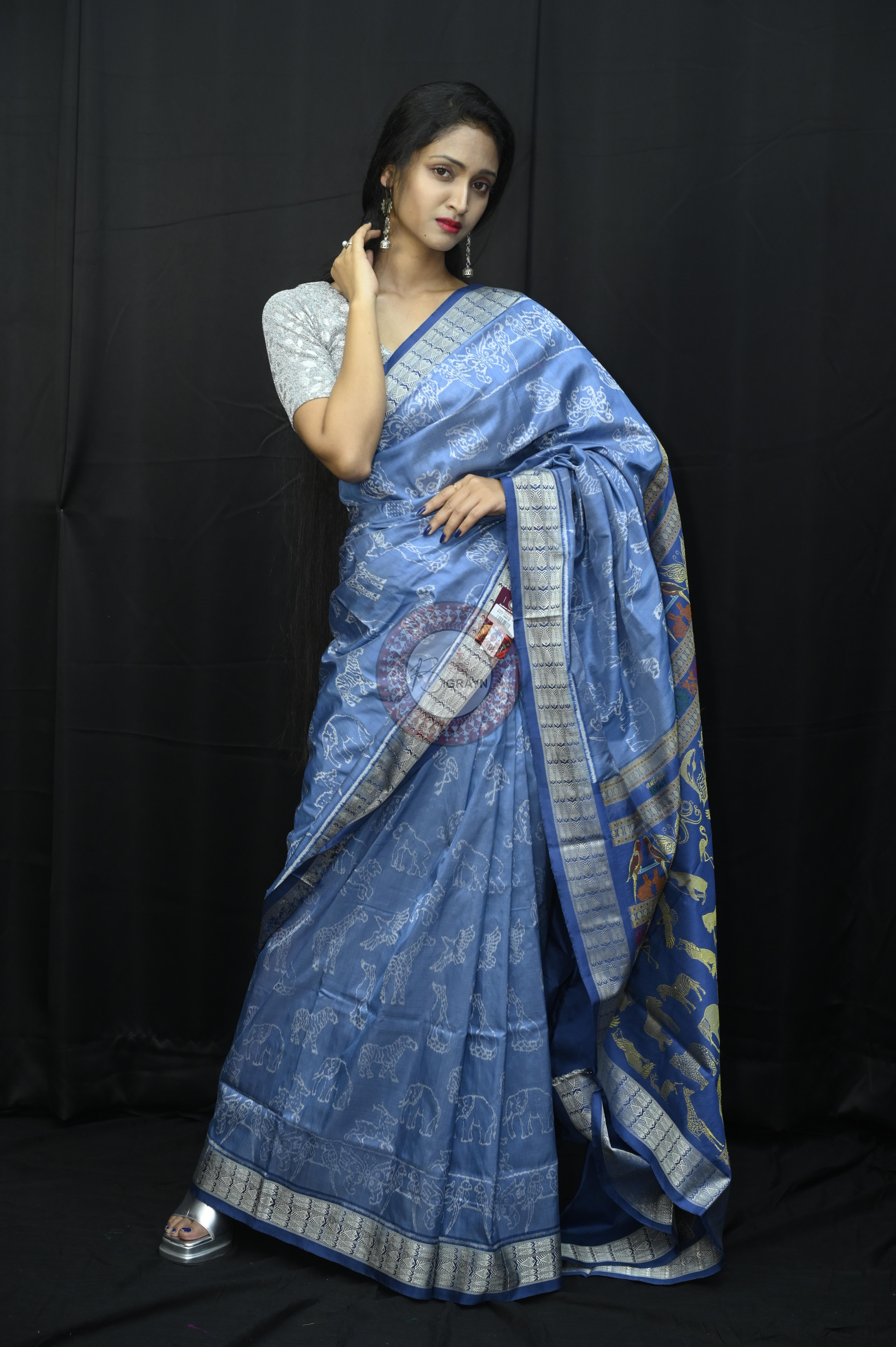 Indigo Blue Animal Planent Sambalpuri Silk Saree