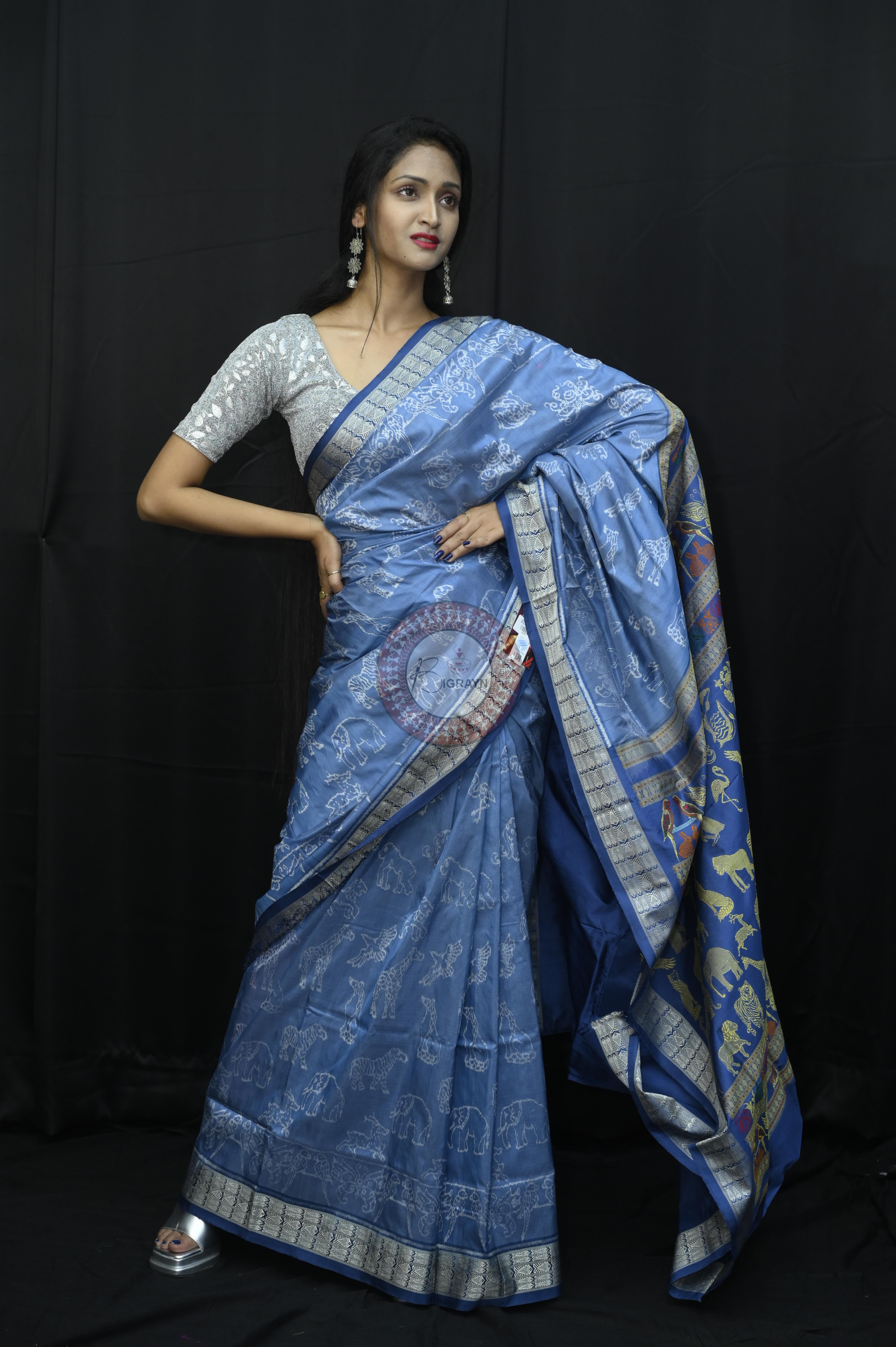 Indigo Blue Animal Planent Sambalpuri Silk Saree