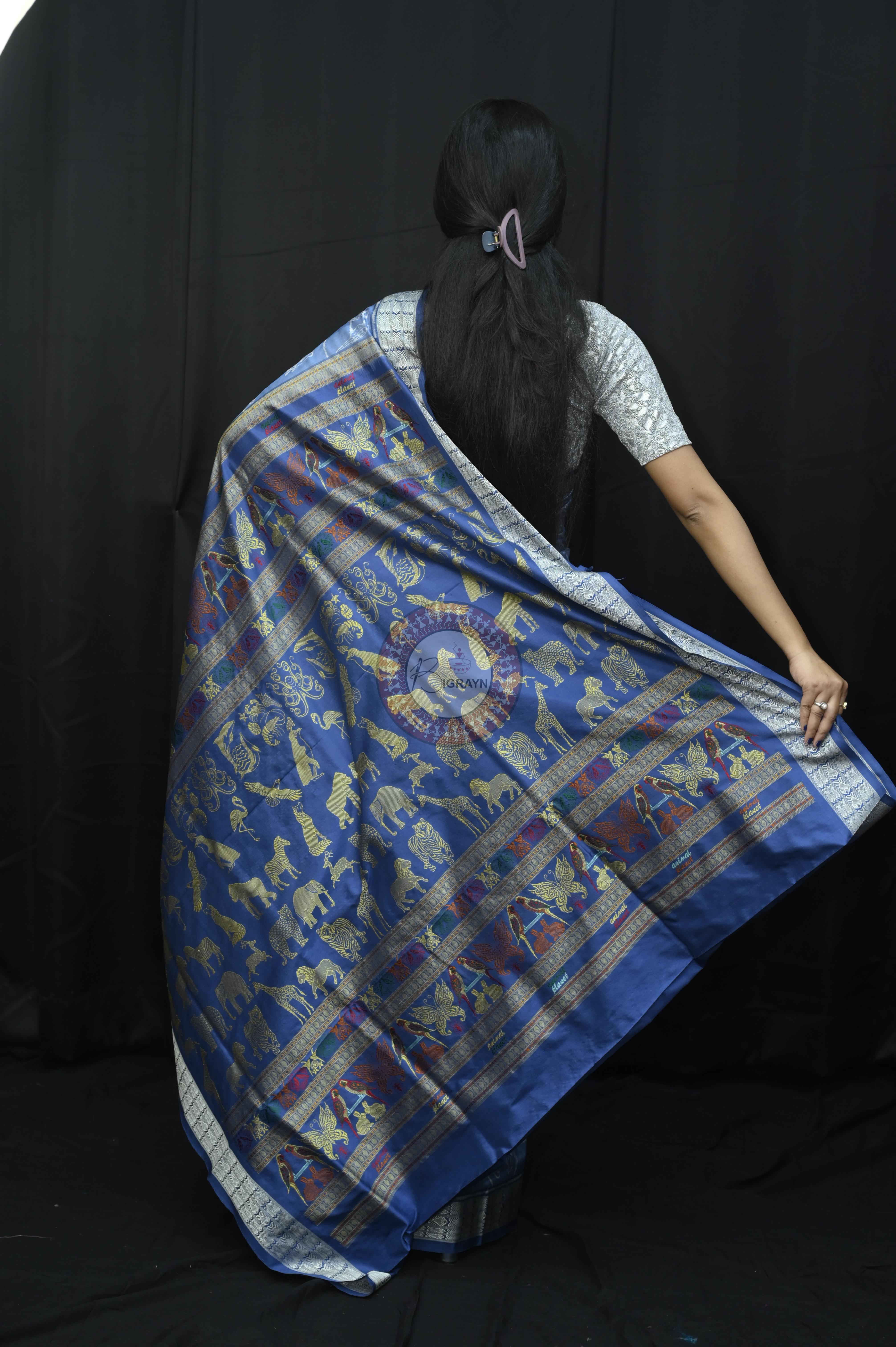 Indigo Blue Animal Planent Sambalpuri Silk Saree