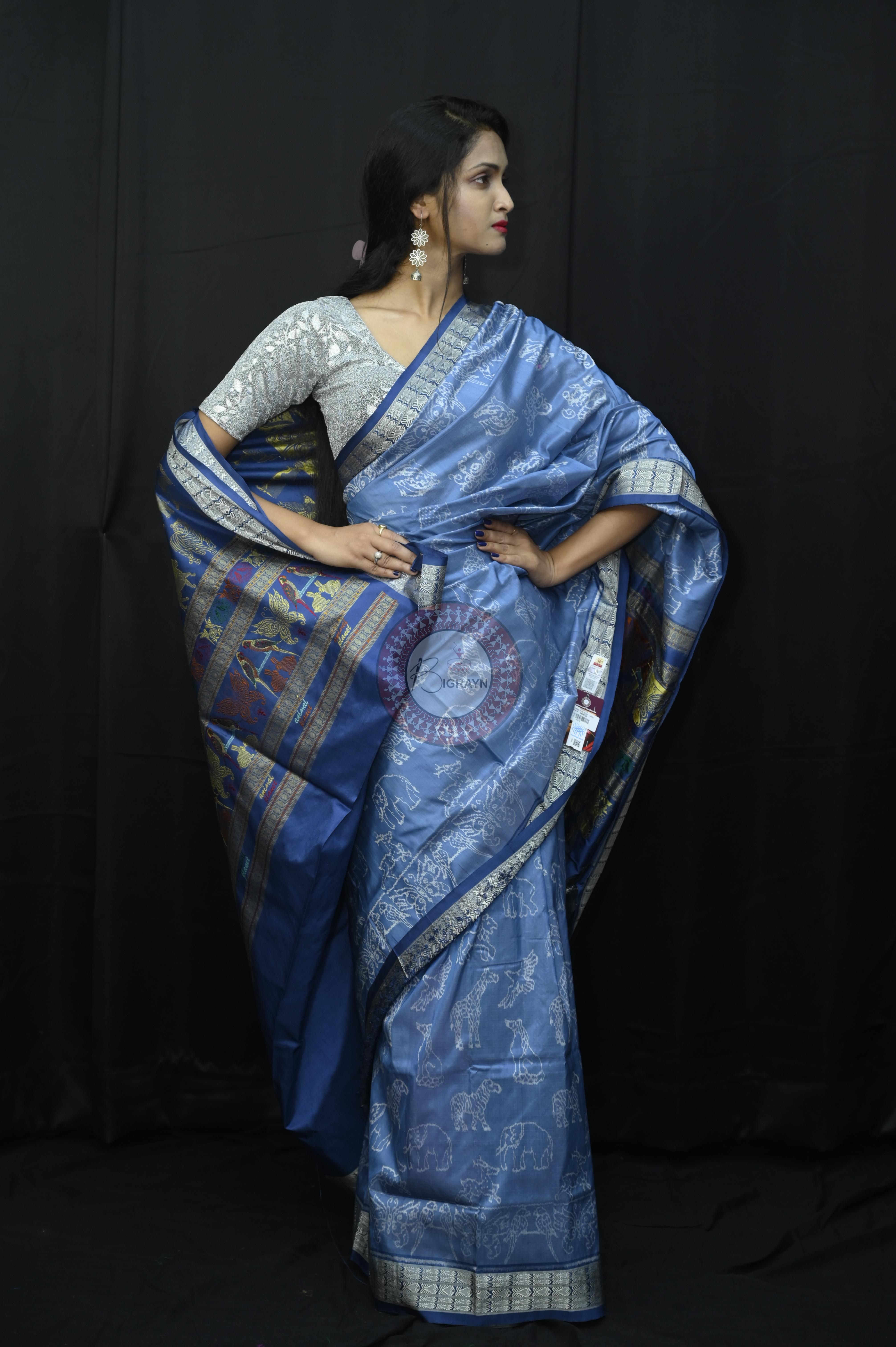 Indigo Blue Animal Planent Sambalpuri Silk Saree