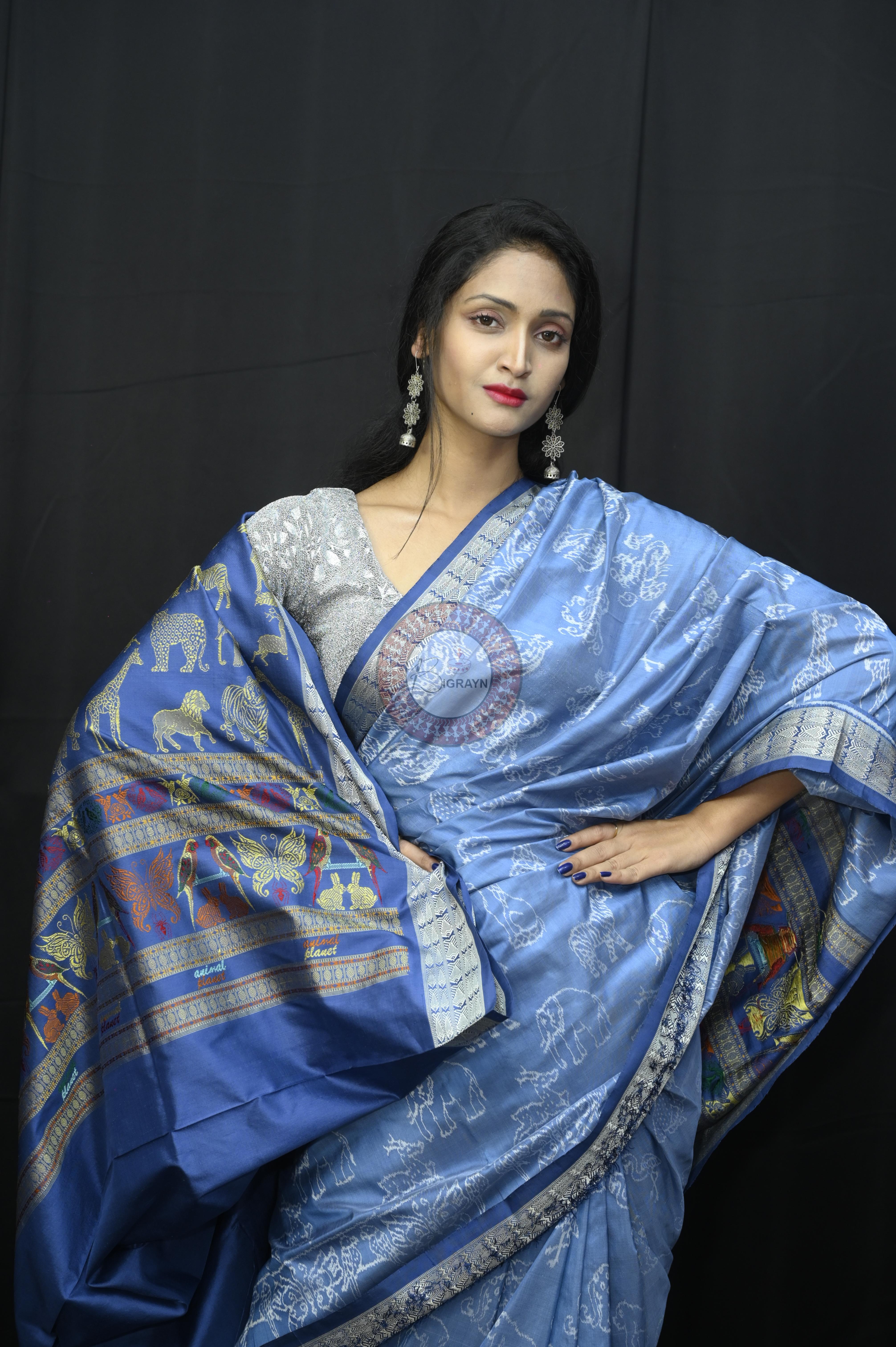 Indigo Blue Animal Planent Sambalpuri Silk Saree