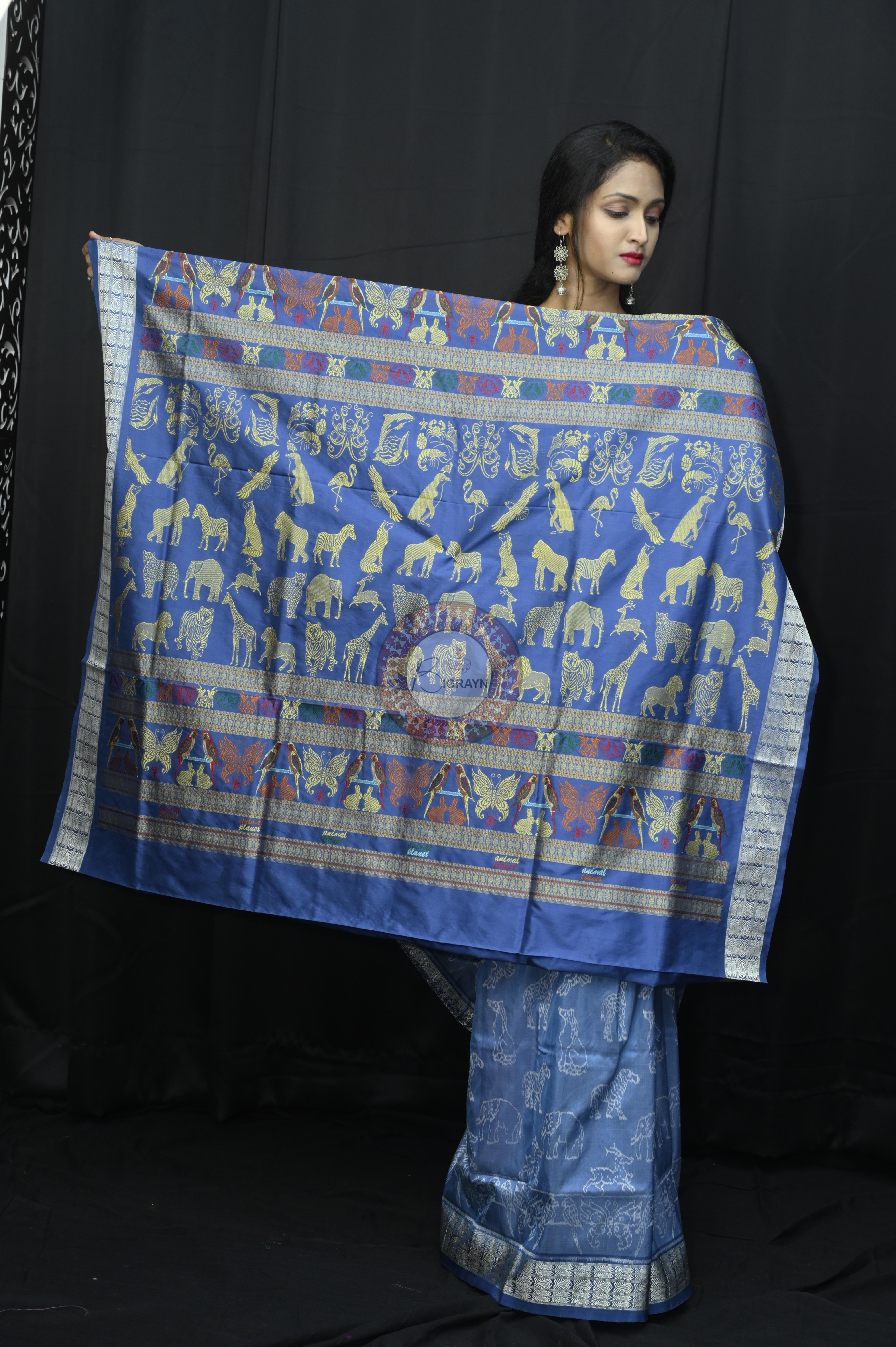 Indigo Blue Animal Planent Sambalpuri Silk Saree