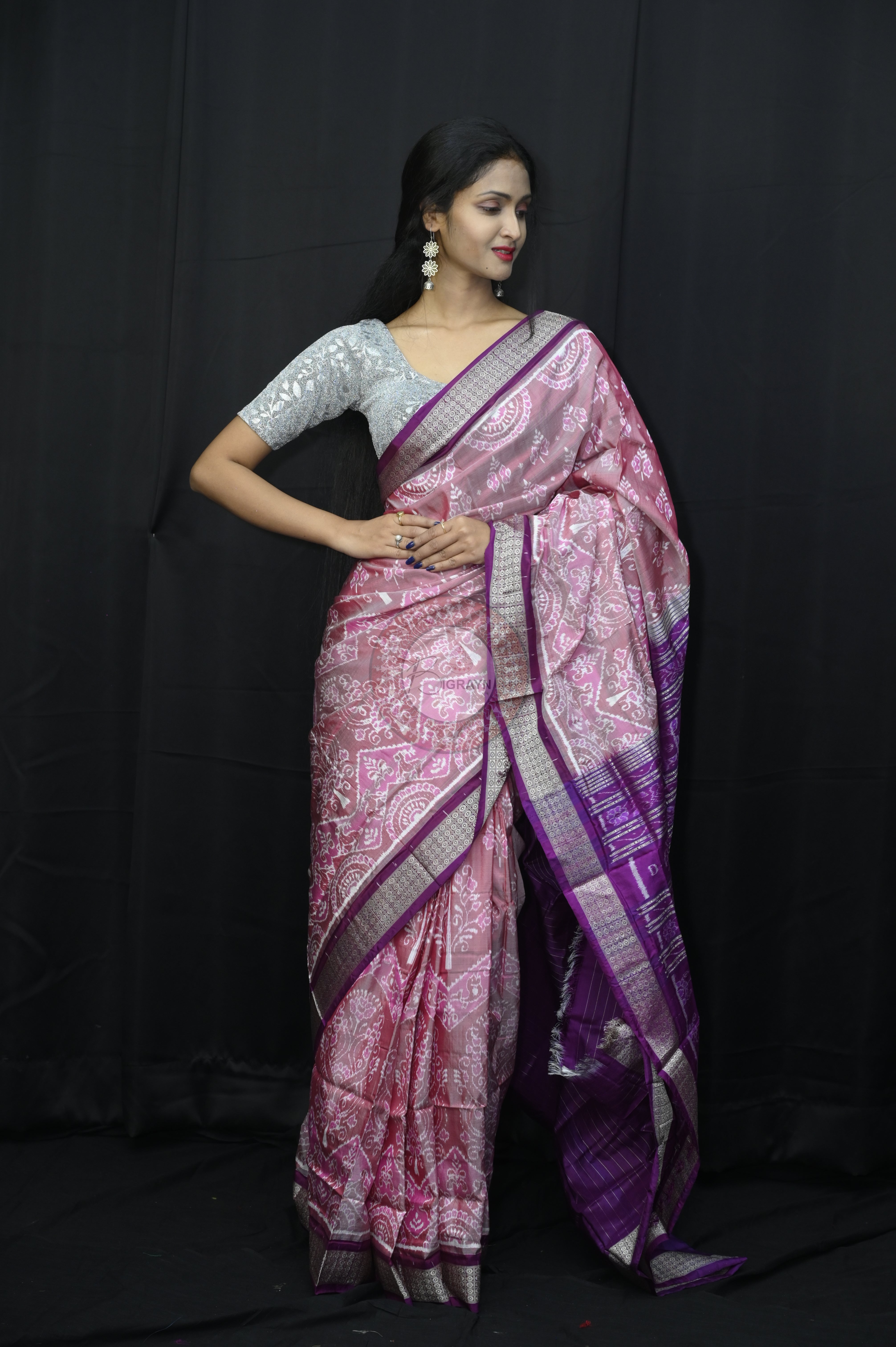 Onion Pink Purple Flower Sambalpuri Silk Saree