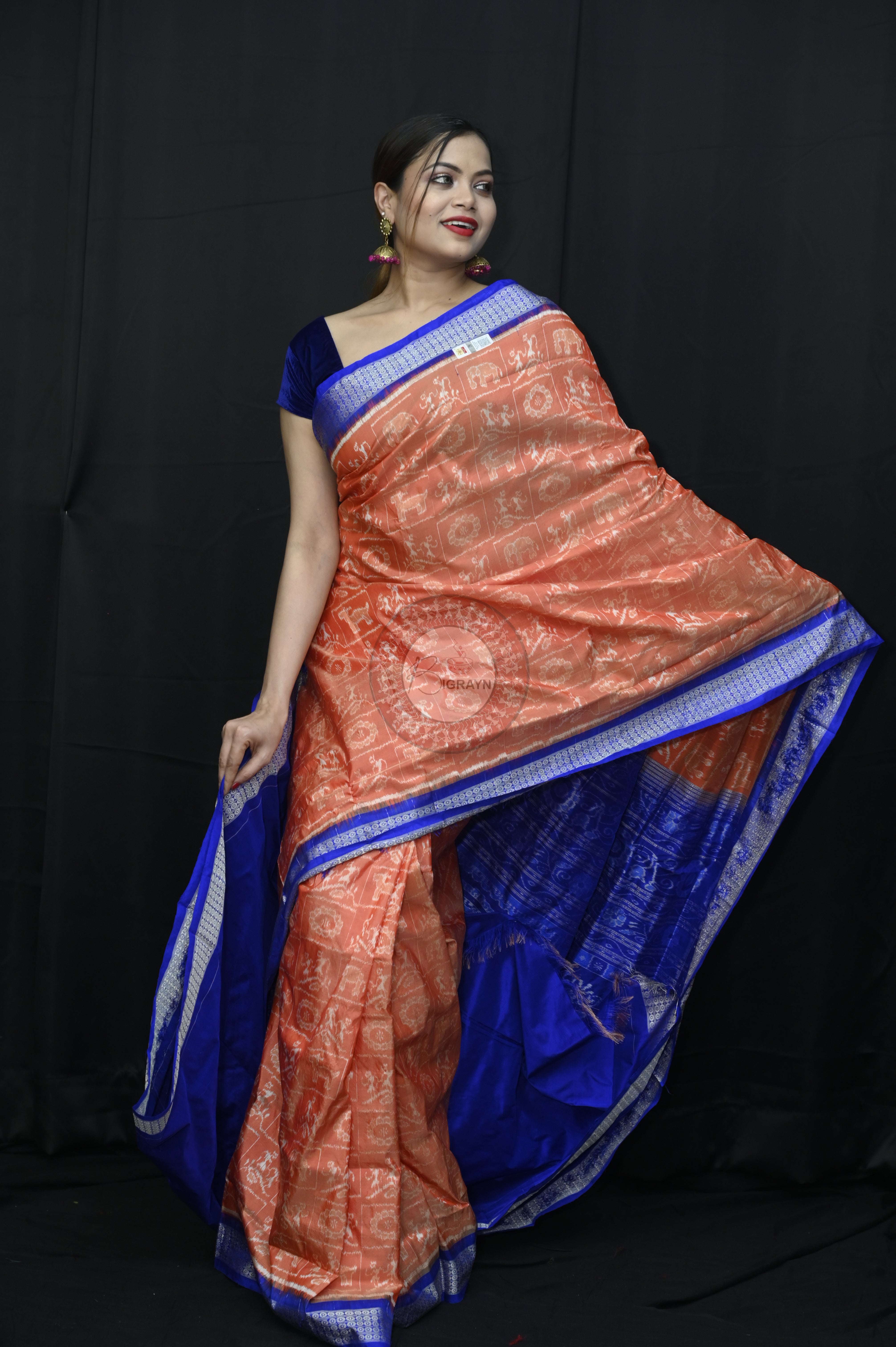 Peach Blue Tribal And Animal Bandha Sambalpuri Silk Saree