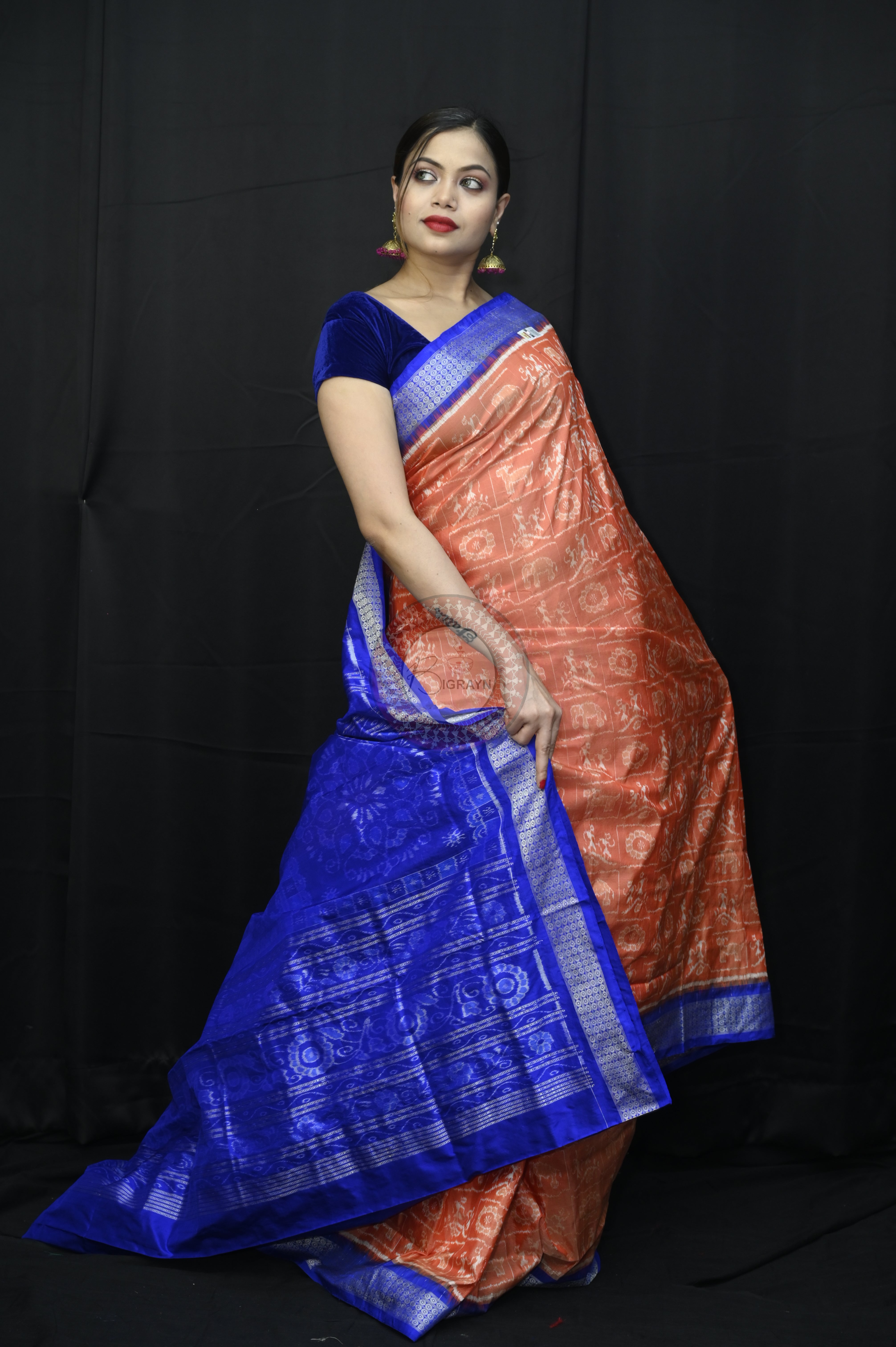 Peach Blue Tribal And Animal Bandha Sambalpuri Silk Saree