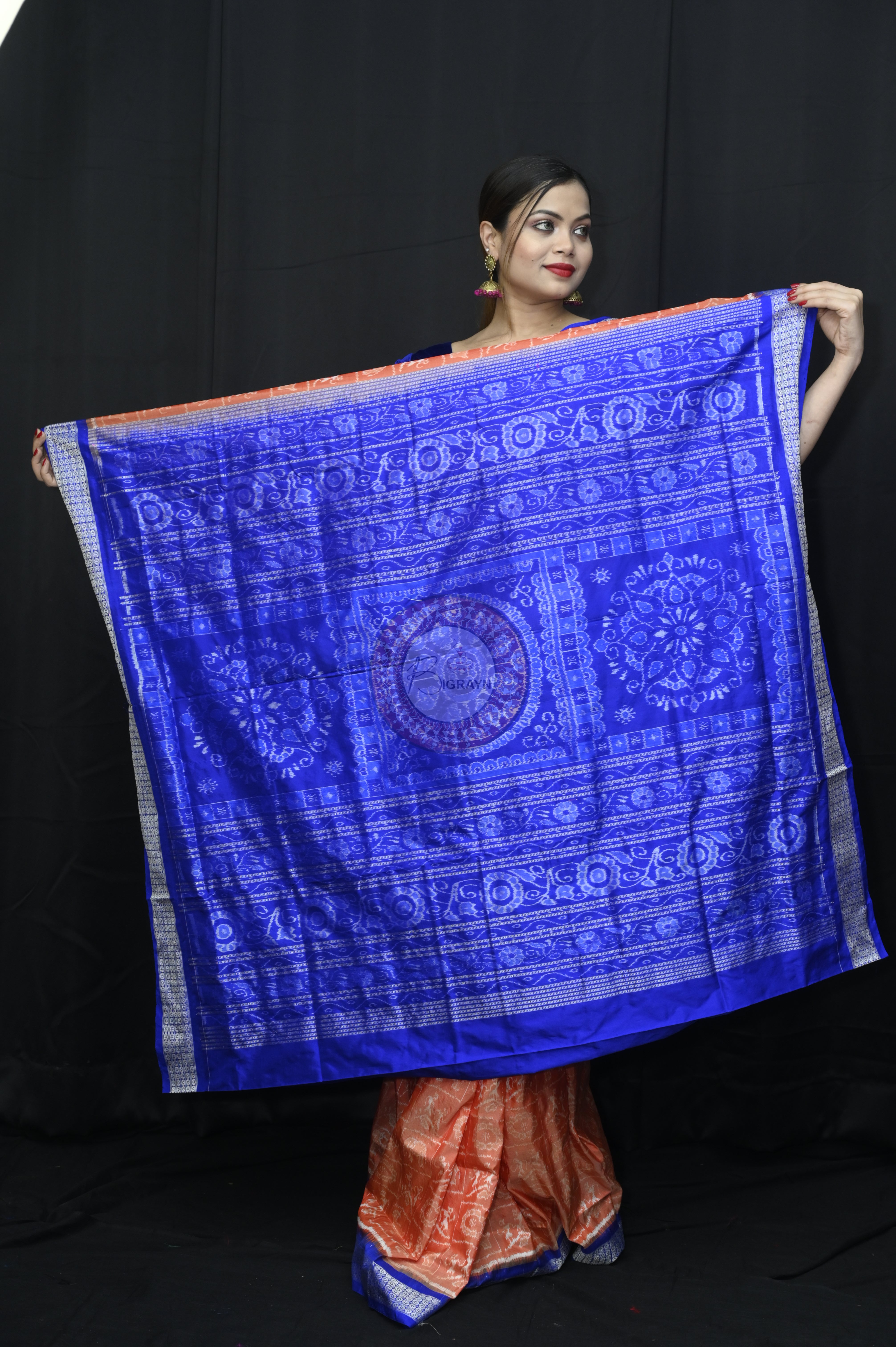 Peach Blue Tribal And Animal Bandha Sambalpuri Silk Saree