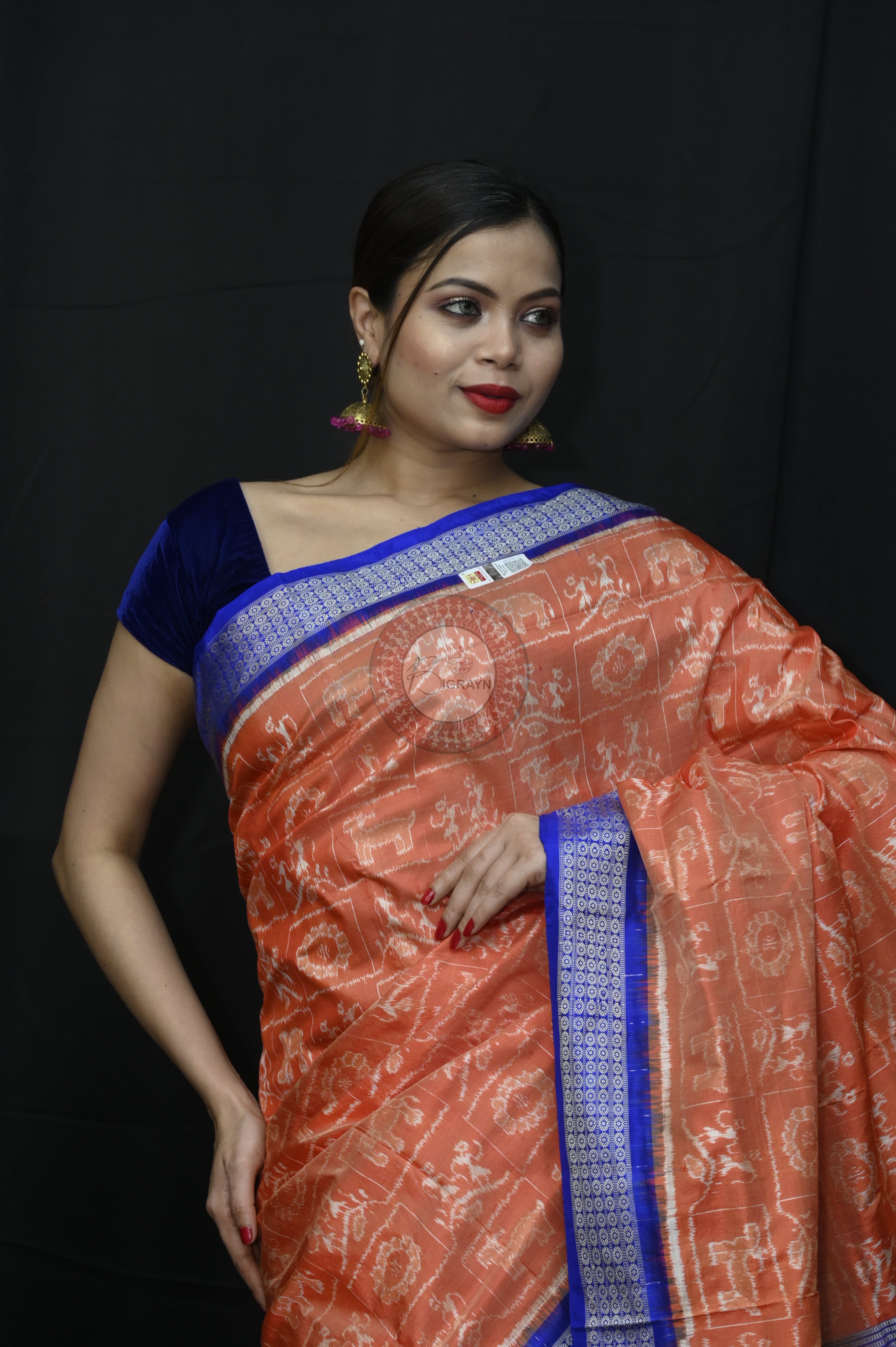 Peach Blue Tribal And Animal Bandha Sambalpuri Silk Saree